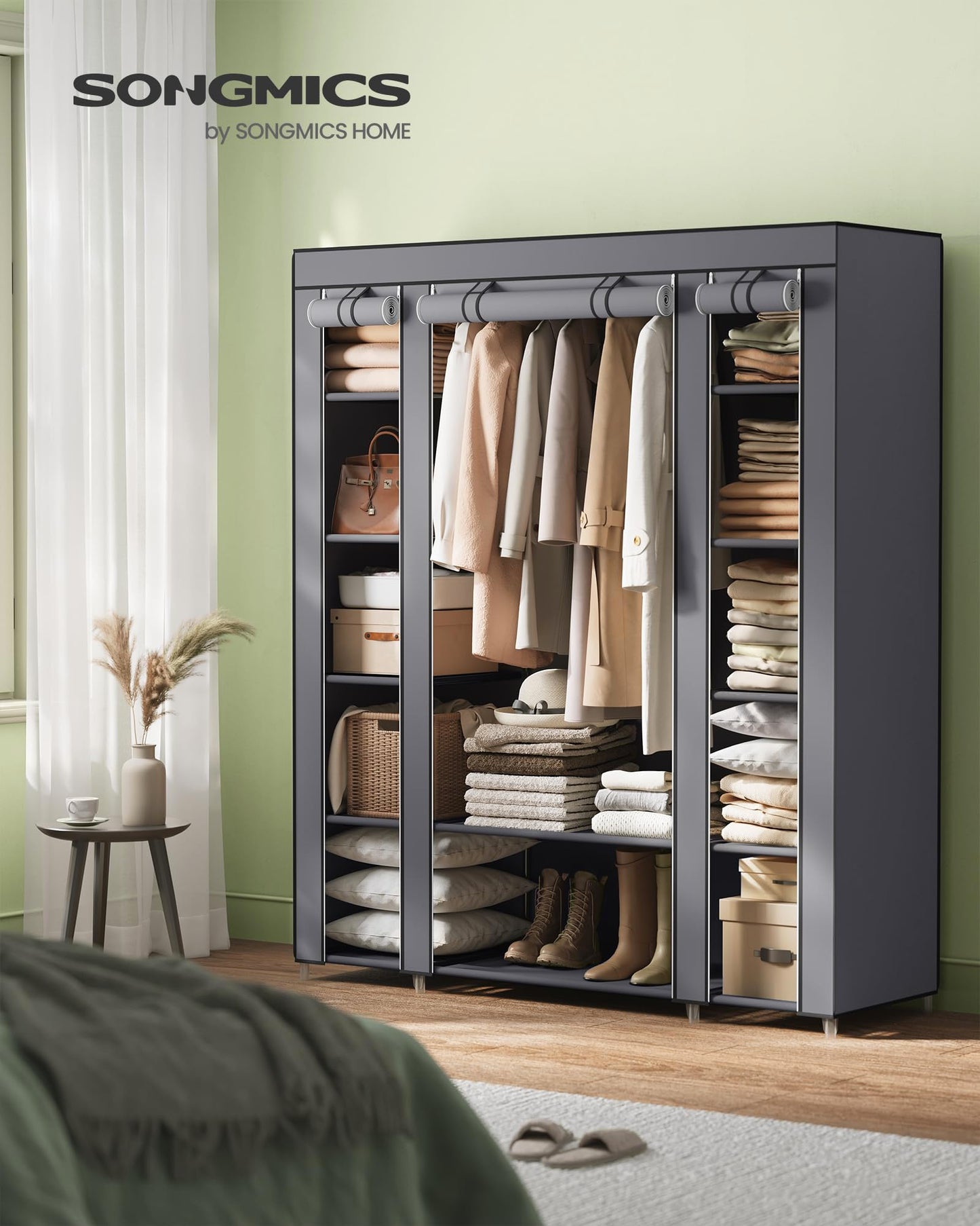 SONGMICS Closet Wardrobe, Portable Closet for Bedroom, Clothes Rail with Non-Woven Fabric Cover, Clothes Storage Organizer, 59 x 17.7 x 69 Inches, 12 Compartments, Gray ULSF03G