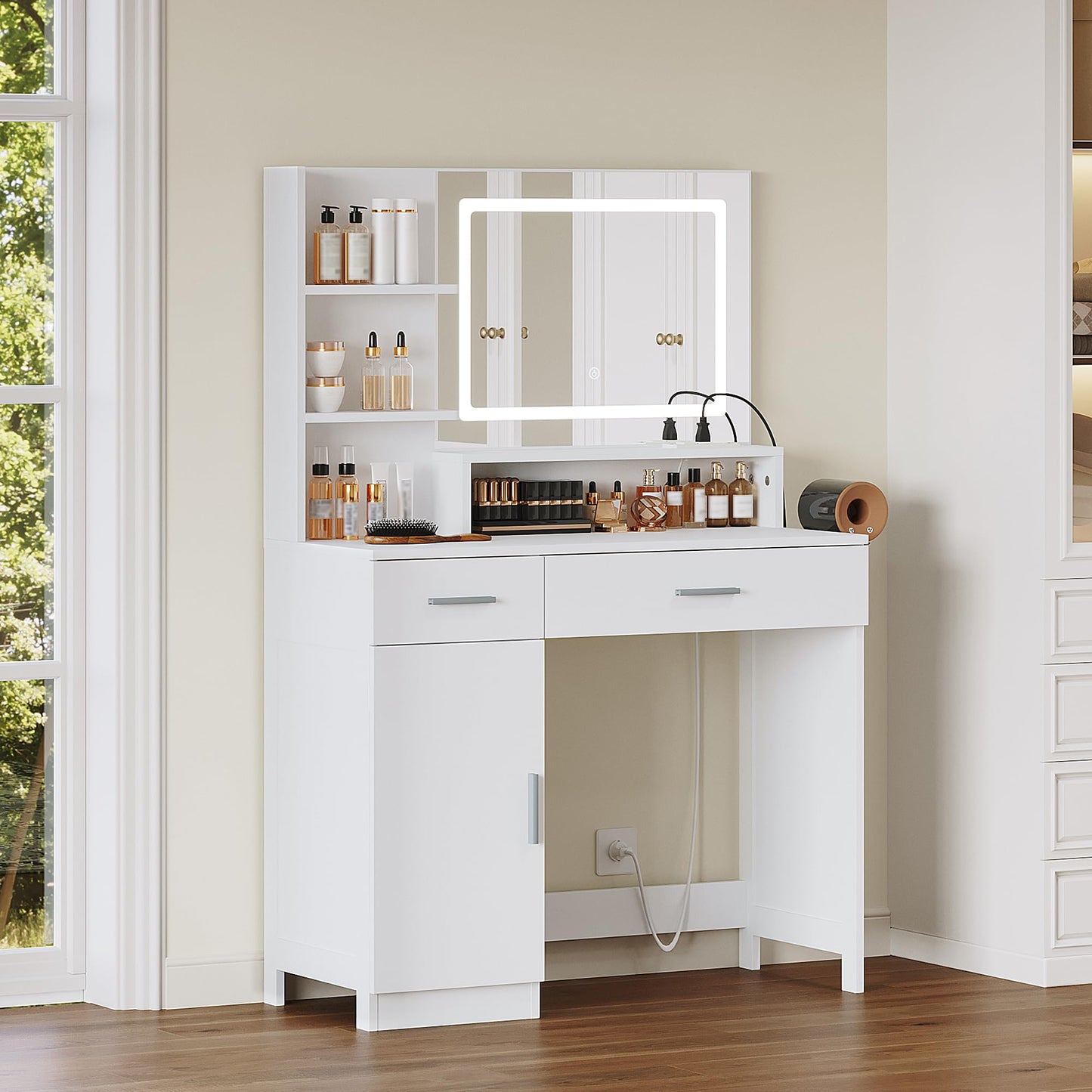 ProsperHaven Vanity Desk with LED Mirror and Lights, Makeup Vanity Table with Power Outlet, Drawers, Cabinet, Dressing Table with Open Storage Shelves for Bedroom, Dressing Room, White