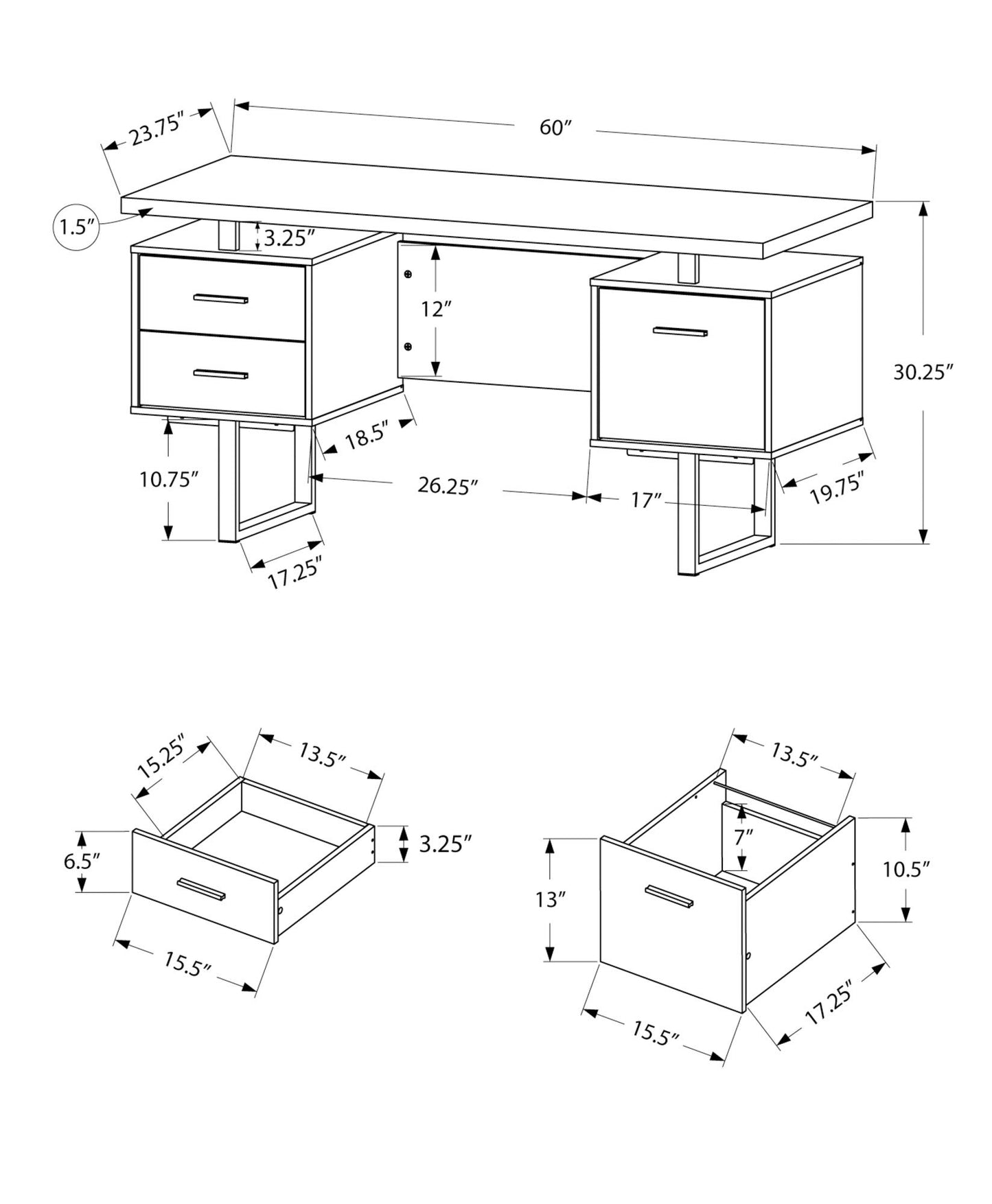 Monarch Specialties I 7634 Computer Desk, Home Office, Laptop, Left, Right Set-up, Storage Drawers, 60" L, Work, Metal, Laminate, Black, Grey, Contemporary