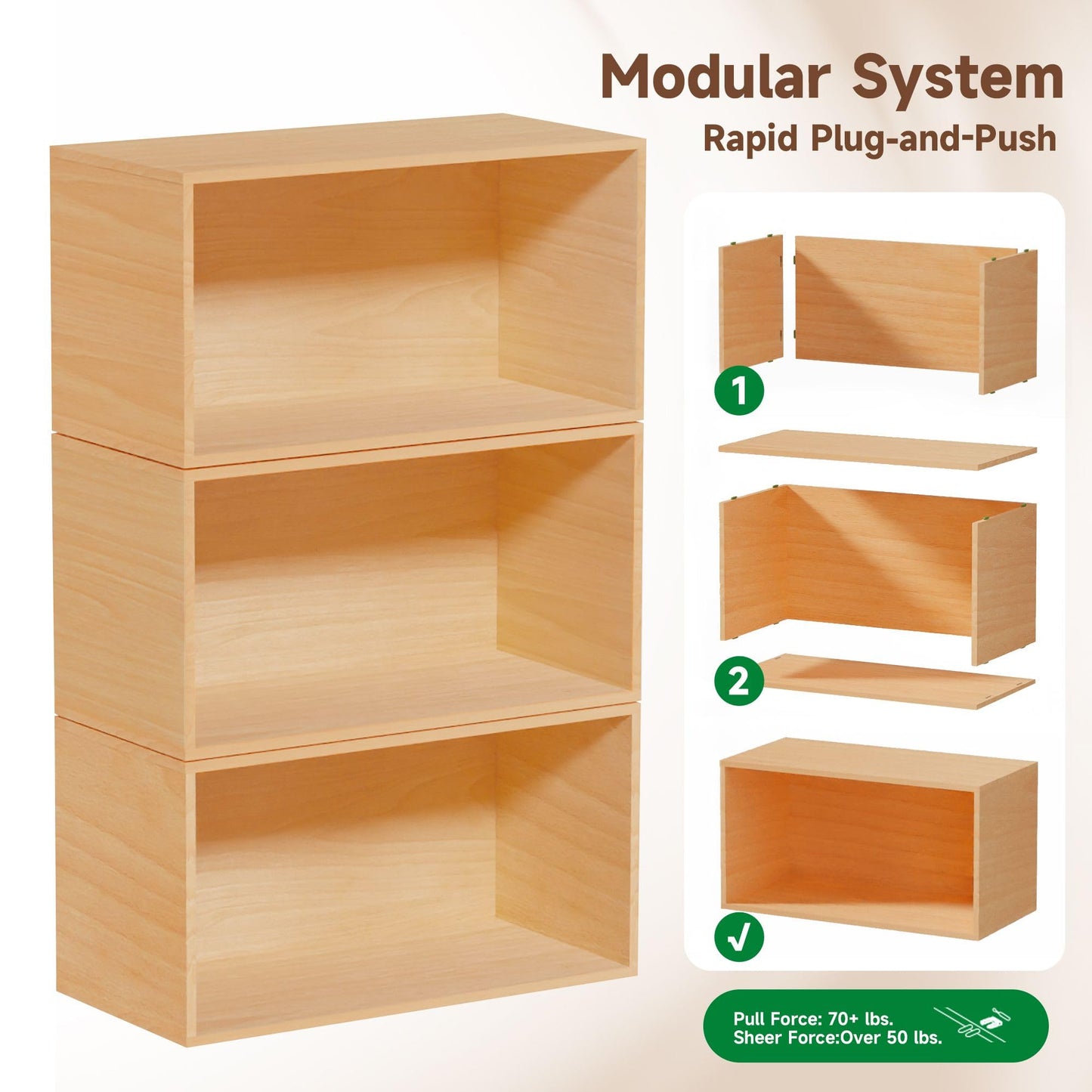 WHOOSPEREH 3 Cube Organizer Bookcase, Easy Assembly Wooden Open Shelving Unit Book Shelf, Expandable Storage Shelves for Living Room, Office, Bedroom, Beech Color (1 Set)