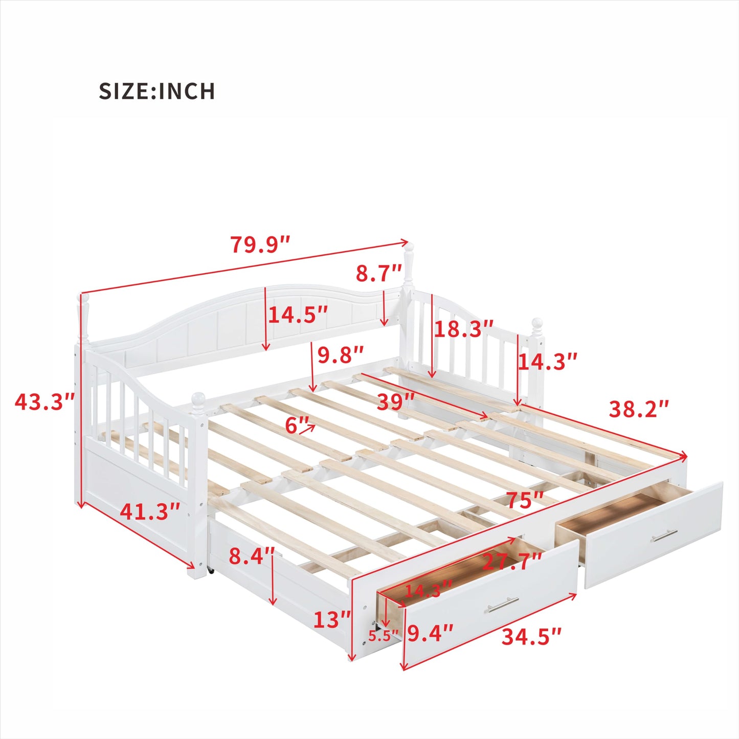 YSWH Twin Size Extendable Daybed, Wood Day Bed Frame with 2 Storage Drawers and Twin Size Trundle, Multifunctional Extendable Bed for Kids Adults, Bedroom Furniture Storage Platform Bed (White)