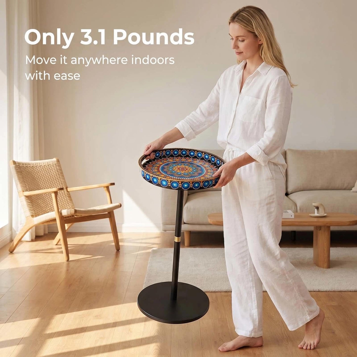 Gesodant Boho Single Leg Round Side Table with Tray Top, Pedestal Drink Table for Small Spaces, Aesthetic Accent Nightstand for Living Room, Bedroom, Corners, and Office (Peacock)