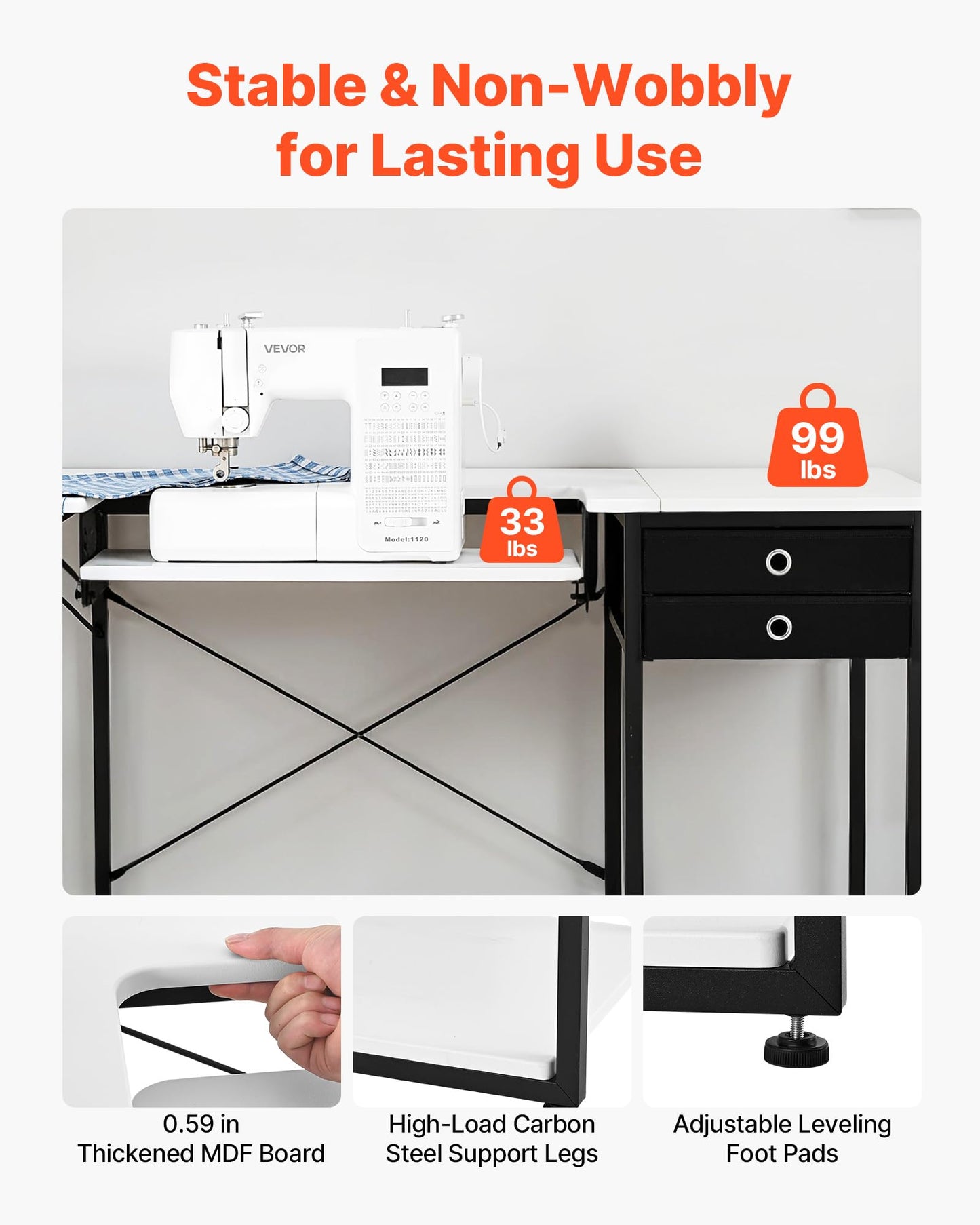 VEVOR Sewing Table, Multipurpose Sewing Machine Table with Foldable Side Shelf, Adjustable Shelf, Steel Legs, Computer Desk for Home, Fashion Studio, Art Studio, Educational Institution, White