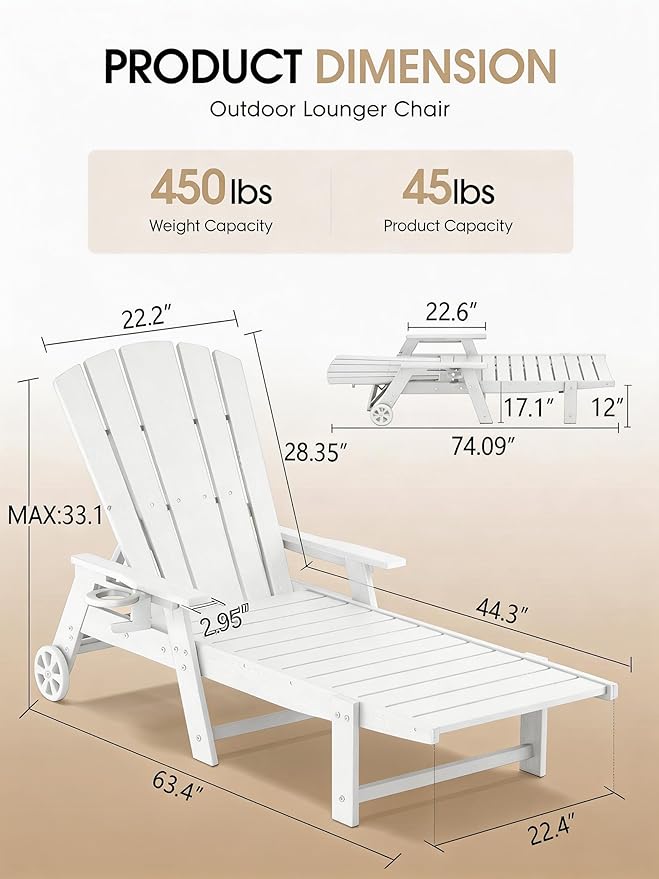 Outdoor Lounge Chair, HDPE 4-Position Adjustable Chaise Lounge Outdoor
