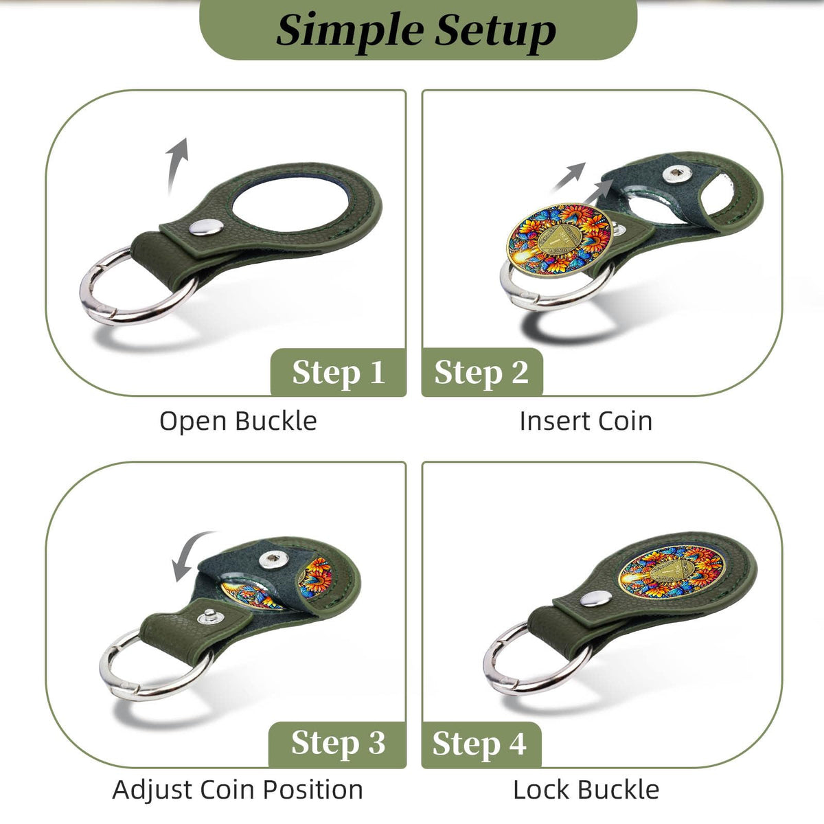 IELCJJ 5PCS Premium Leather Coin Holder - Handmade Sobriety AA Coins Chip Keychain - Displays Both Sides of Sober Token Medallion Pet Challenge Coin - Green Waterproof Scratchproof Soft PVC Key Ring