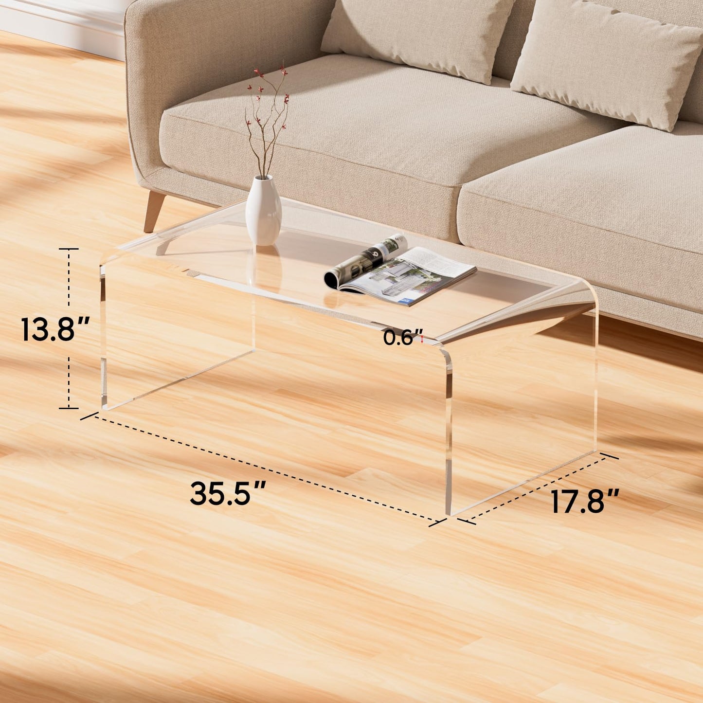 TPZLRN Premium Acrylic Coffee Table, 35.5" D x 17.8" W x 13.8" H Modern Clear Coffee Table, 0.6'' Thick Rectangle Waterfall Table for Living Room, Office, Hotel, Showroom, Transparent