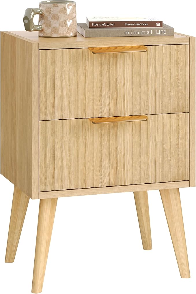 YAUKOMEL Fluted Nightstand, Small Bedside Table, Natural Wood Night Stand