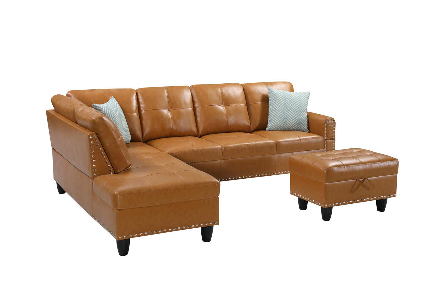 Ball & Cast 98" L Shaped Sectional Couch for Living Room with Chaise&Storage Ottoman,4 Seat Faux Leather Upholstered Modular Sectional Sofa Set 3 PCS W/Cup Holders&Coffee Table,for Home,Office,Ginger