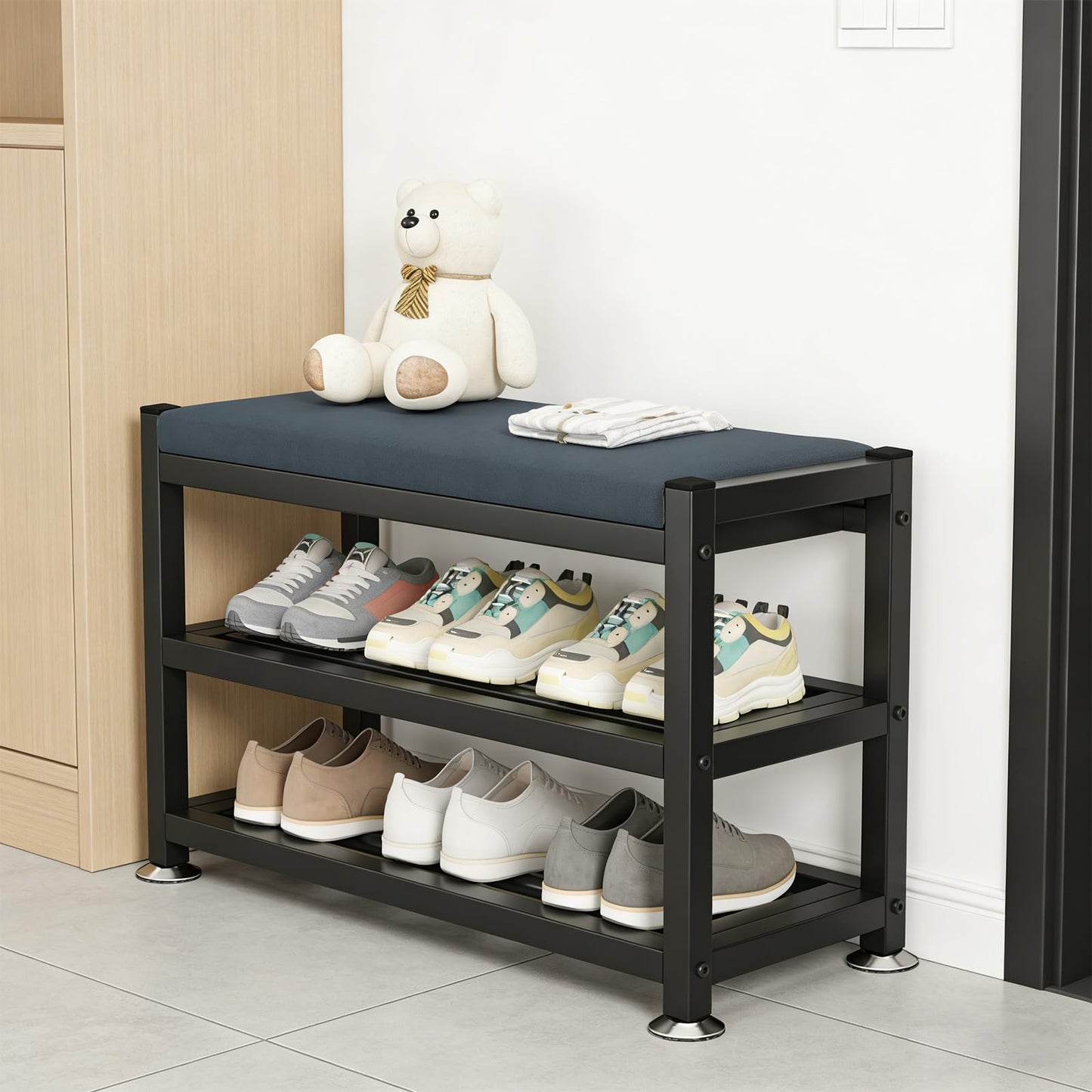 PQSQRJU 2-Tier Shoe Bench with Padded Cushion, 12-Pair Entryway Storage with Sturdy Metal Frame, Space-Saving Shoe Rack with Seat, Gray, 31.9x12x19.3 Inches