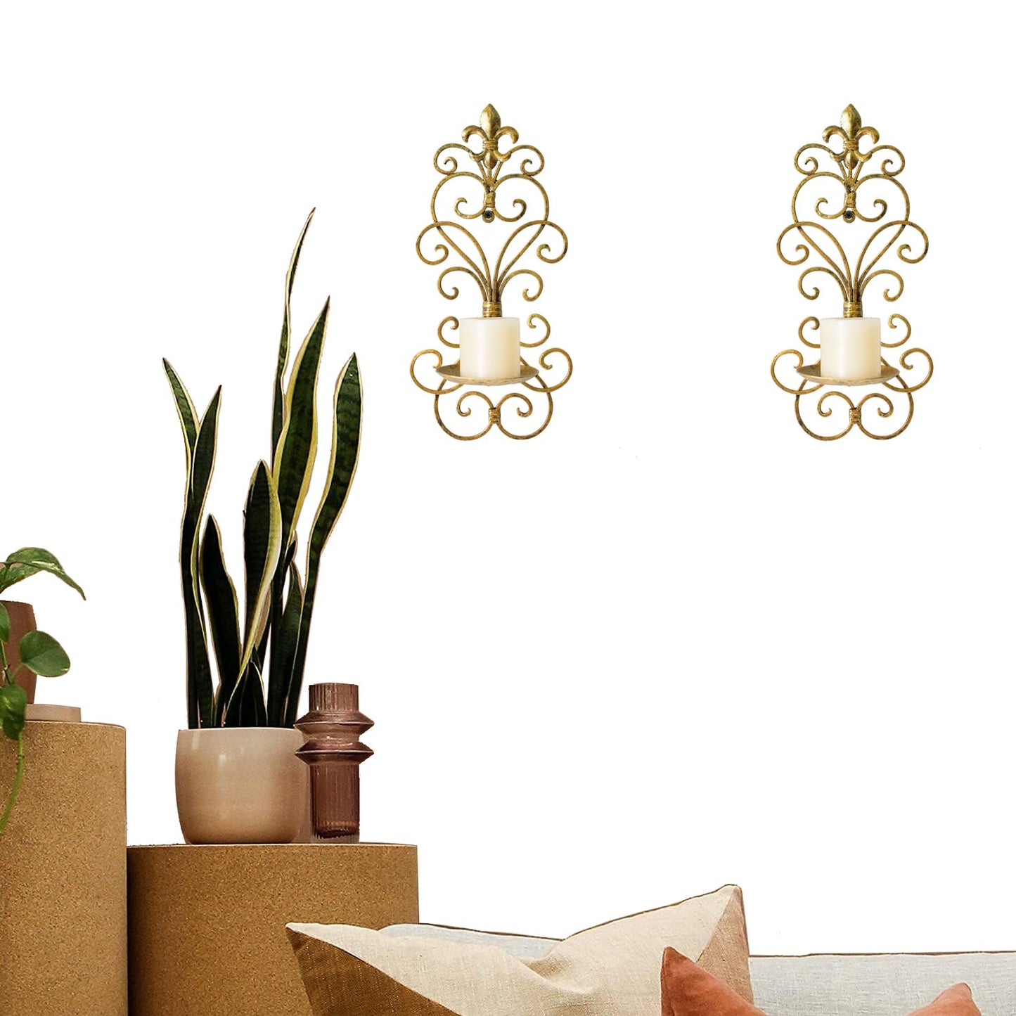 JUCONSIN Wall Sconces Candle Holder Set of 2, Metal Wall Decorations Hanging Wall Mounted Candle Sconces for Living Room Dining Room (Gold)