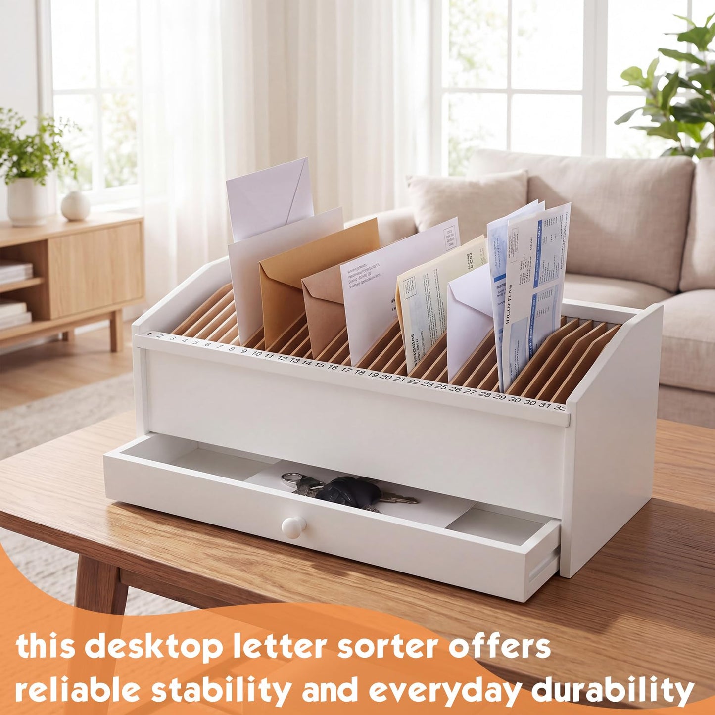 Teecyhooo Wood Desktop Organizer with Drawer, 17 Inch 32 Section Bill & Mail & File Organizer Storage for Office Desk, Desktop Mail Holder and Office Supplies Storage, Letter and Paper Sorter (White)