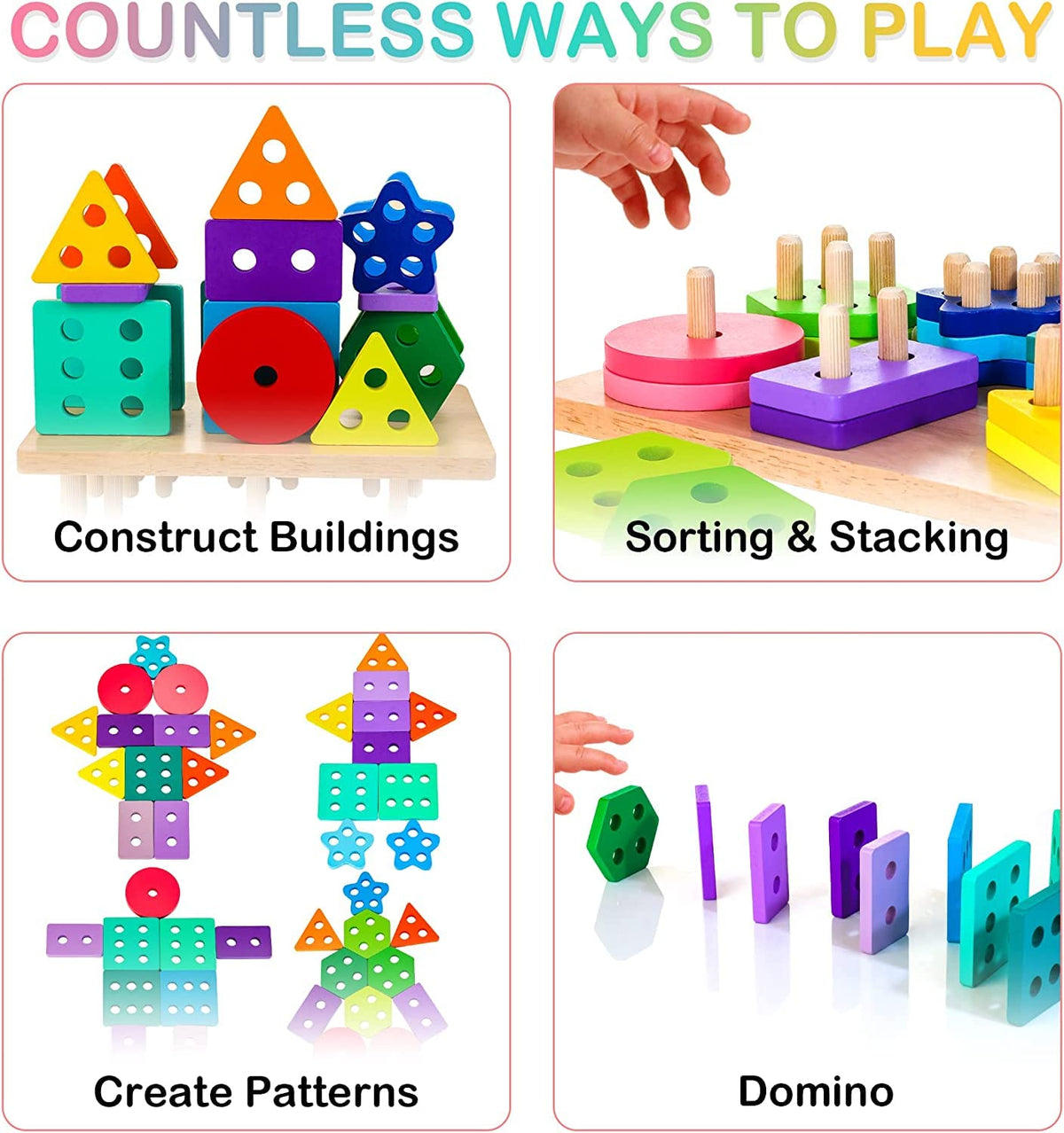 HELLOWOOD Wooden Sorting & Stacking Toys, Montessori Toys for 1 2 3 Years Old Toddlers, Shape Sorter Puzzles with 24-Piece Large Geometric Blocks & 12 Word Cards, Gift for 12+ Months Baby Boys Girls