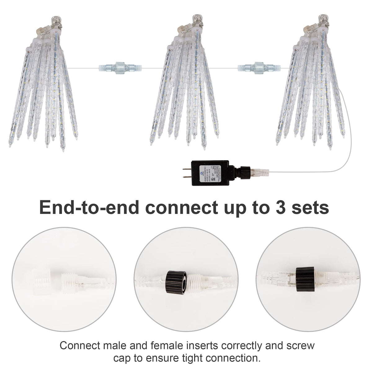 WATERGLIDE Meteor Shower Lights, 12" Outdoor Icicle Christmas Lights 8 Icicles 192 SMD LED Crystal Ice Falling Light, Connectable Raindrop Iciclelight, Xmas Winter Party Tree Holiday Decor, White
