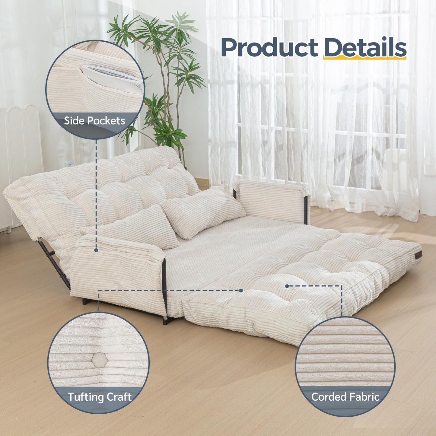 MAXYOYO Adjustable Floor Sofa Couch, Multi-Functional Bean Bag Bed, Loveseat Floor Couch Foldable Lazy Sofa Bed for Reading Living Room, Beige