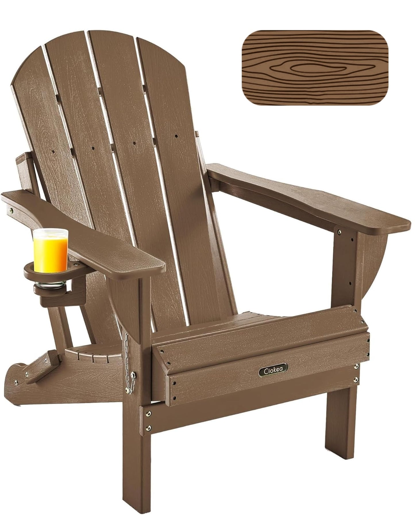Ciokea Folding Adirondack Chair Wood Texture, Patio Adirondack Chair Weather Resistant, Plastic Fire Pit Chair with Cup Holder, Lawn Chair for Outdoor Porch Garden Backyard Deck, Brown
