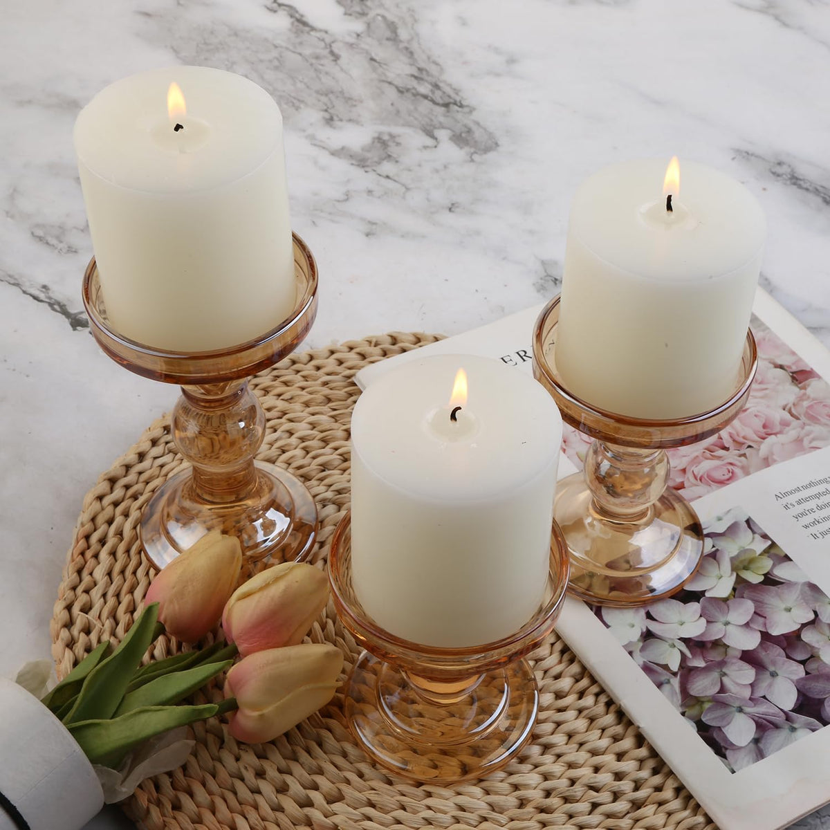 BTGLLAS 6-Piece Set of Amber Glass Candlestick, Crystal Candlestick Holder Holder and Conical Candle, Christmas Candle Holder Decoration, Family Living Room Wedding Candle Holder (Amber 2sets)