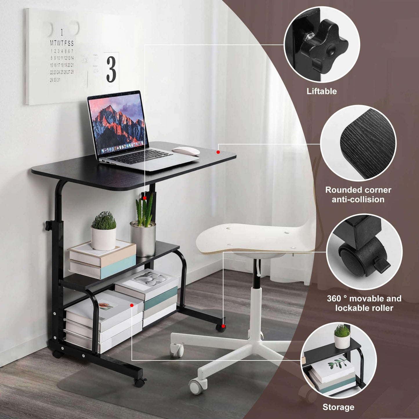 Dekhaoxe Adjustable Height Mobile Computer Desk for Small Space Rolling Writing with Wheels Corner Home Office Study Portable Bedrooms Work Desk Standing Desk Sizes 31.5X15.7 Inches Black C