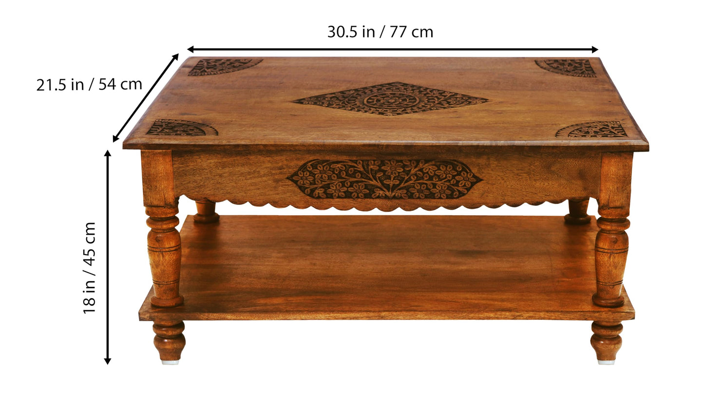 COTTON CRAFT Hand Carved Solid Wood Coffee Table with Storage Shelf – Antique Brown 100% Mango Wood Center Table for Living Room – Easy Assembly Rustic Farmhouse Cocktail Table - 30.5 x 21.5 x 18 H