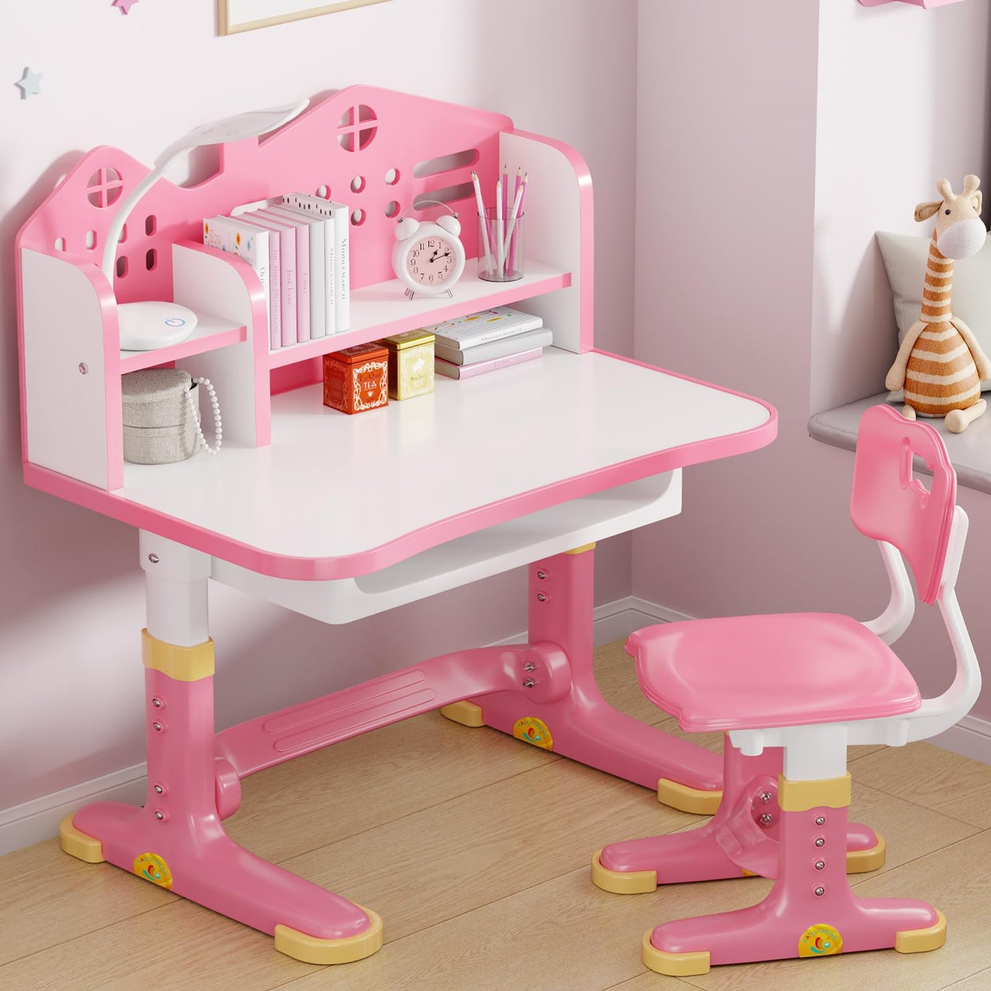 Xaperexi Kids Desk and Chair Set, Height Adjustable Child's School Study Writing Tables, Kids Desk with Bookstand and Storage Drawer, Widened Desktop with Desktop for Boys and Girls