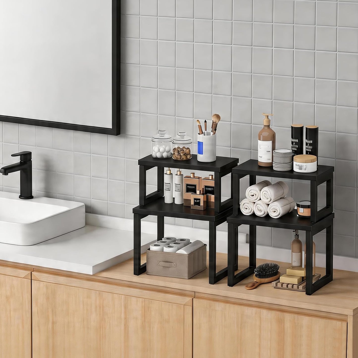 HOOBRO Cabinet Organizer Shelf, Set of 2 Kitchen Counter Shelves, Expandable Kitchen Storage, Stackable Bamboo Spice Rack, for Kitchen, Countertop, Office Desk, Living Room, Black BK20TL01