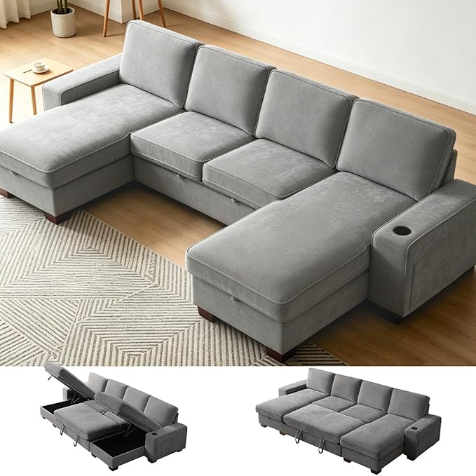 129" Convertible Sleeper Sofa Bed, L Shaped