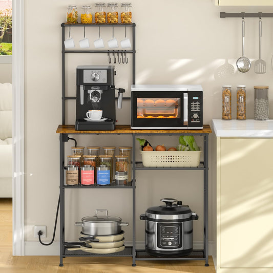 3IngSeagulls Bakers Rack with Power Outlet, Kitchen Microwave Stand with 10 S-shaped Hooks, 6-Tier Coffee Bar Station, Kitchen Storage Shelf Rack for Spices, Pots, Rustic Brown