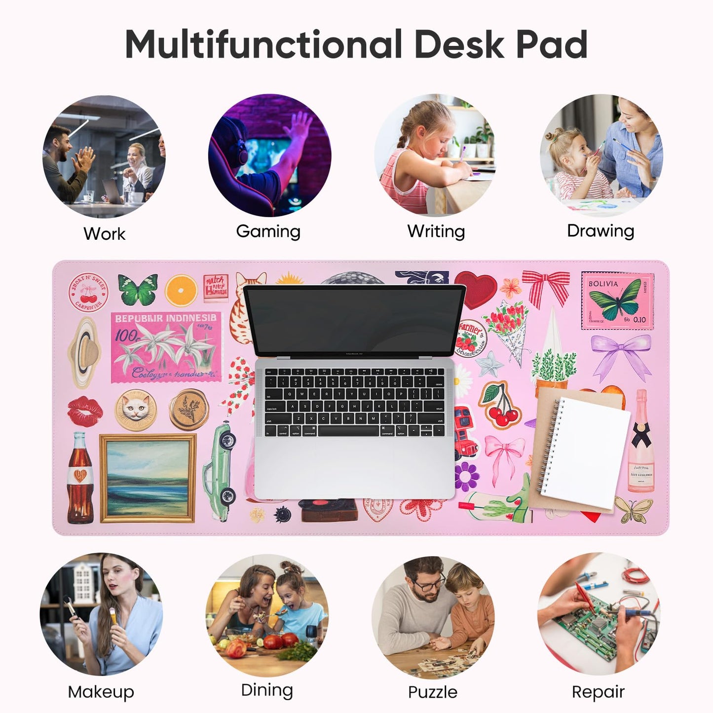 Pink Desk Mat, Leather Desk Pad Blotter Protector, XXL Large Mouse Pad,Computer Laptop Mouse Pads for Desktop,Waterproof Writing Anti-Slip Mousepad for Office and Home I Colorful Stickers