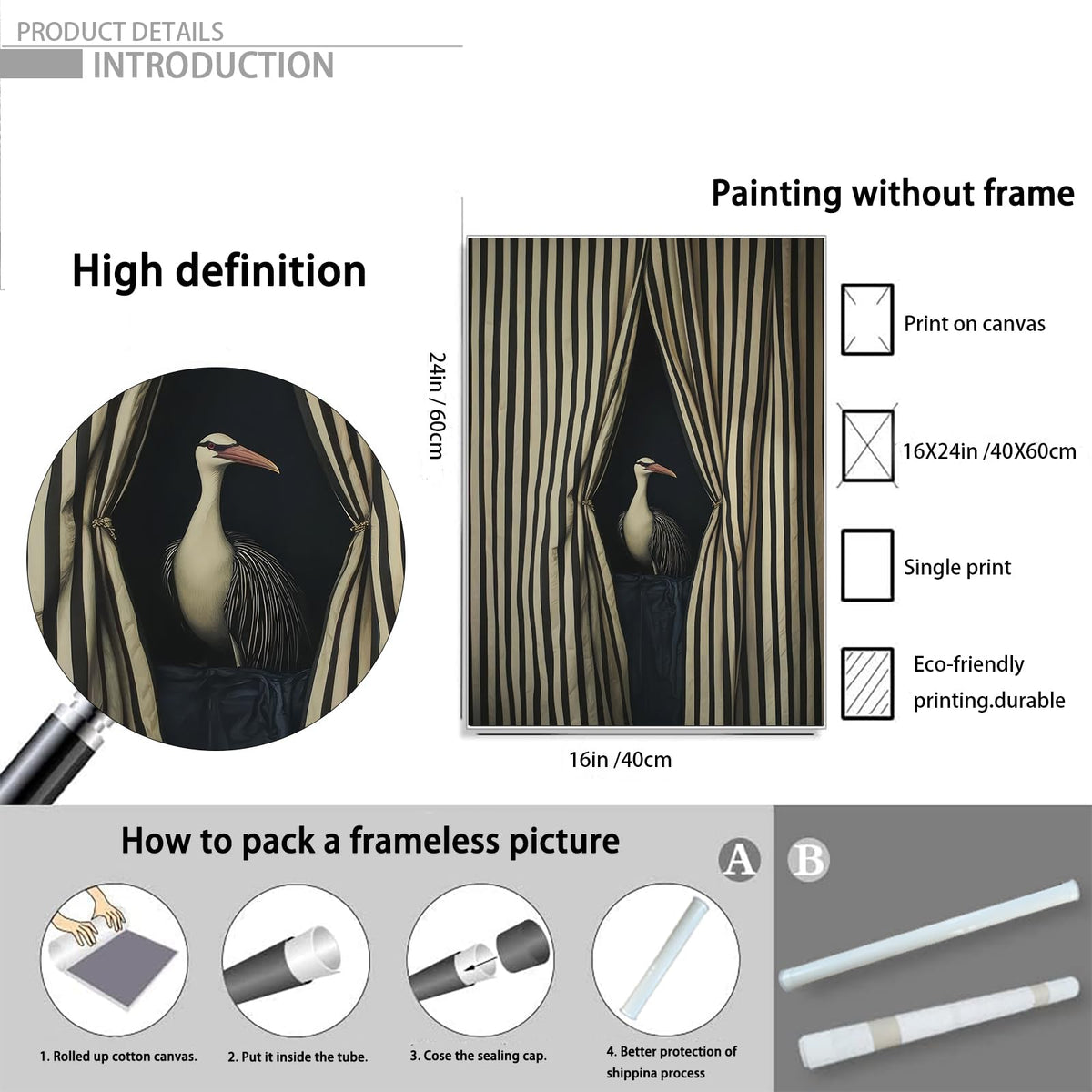 Modern Artwork Nursery Poster Bird Wall Art Cute Animal Picture Funny Animal Wall Art Elegant Bird Black and White Striped Picture Print 16x24 Inch Unframed Poster for Living Room Office Bedroom Dorm