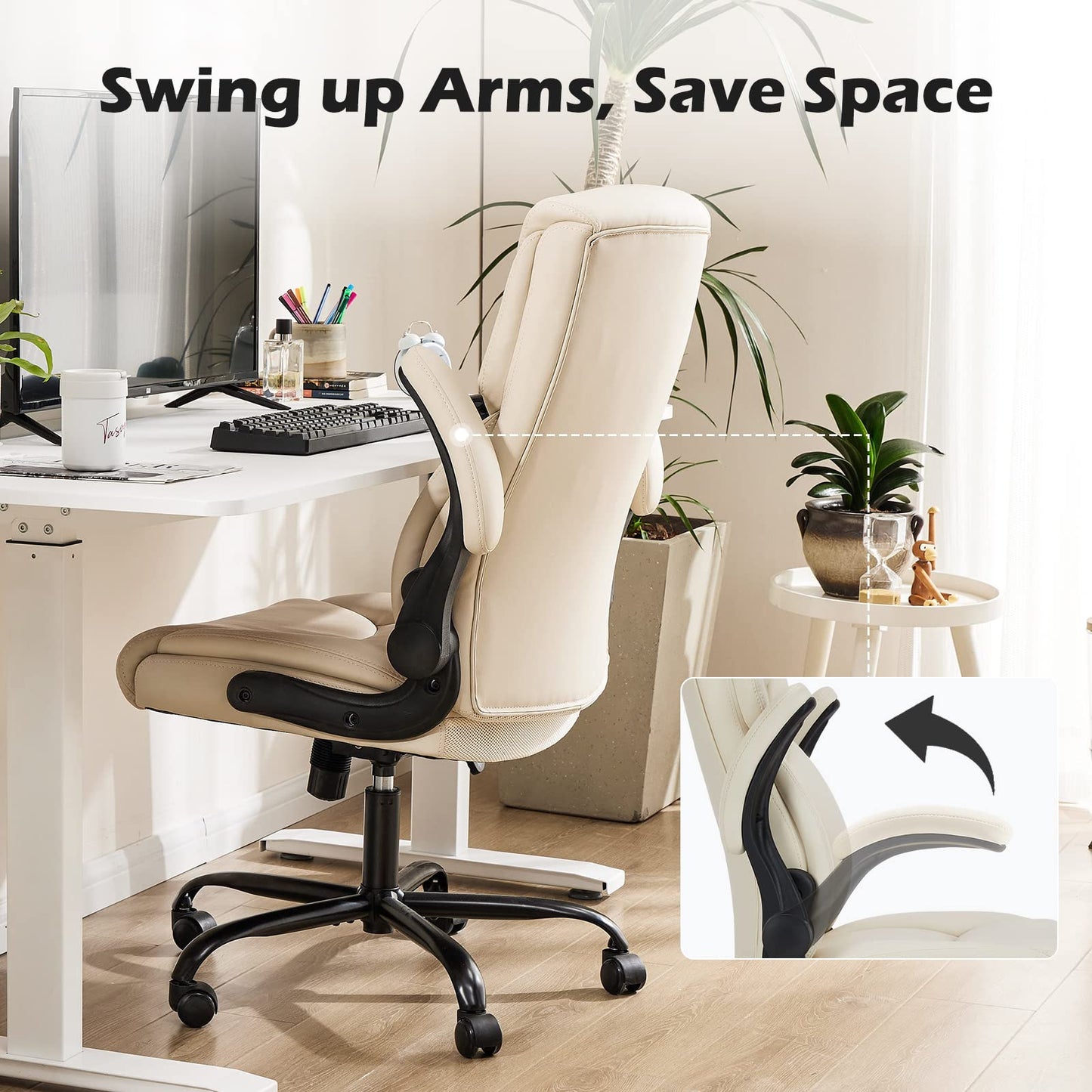 DUMOS Office Chair Set of 2 - Ergonomic Executive Computer Desk Chairs with Adjustable Flip-up Armrest, Swivel Task Chair with Lumbar Support, Strong Metal Base, PU Leather, Cream White