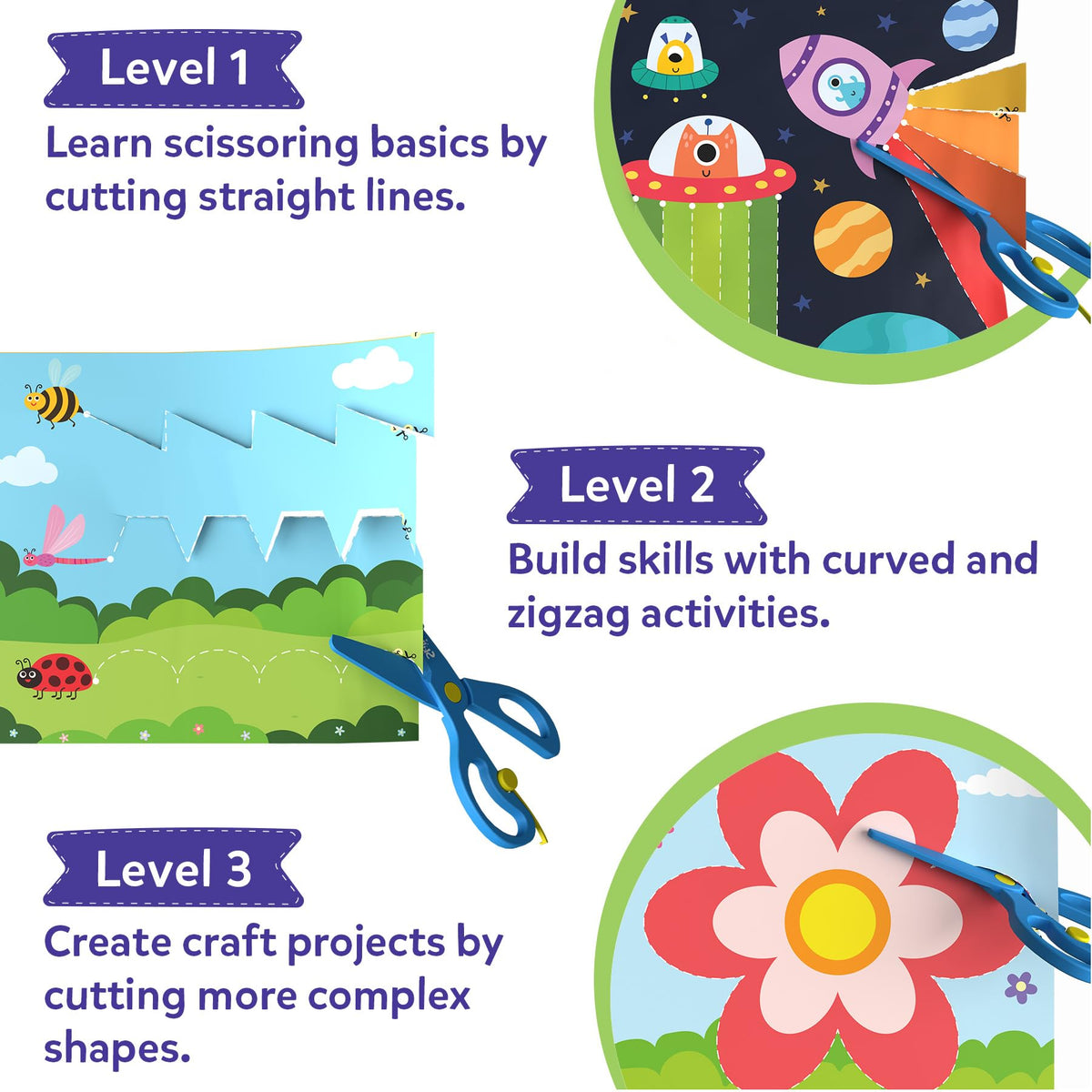 Skillmatics Scissor Skills Activity Book - Snip Snip, 25 Cutting Activities for Preschoolers, Felt Craft Kit, 2 Child-Safe Scissors, Fine Motor Skills, Screen-Free Fun, Gifts for Kids Ages 3-7