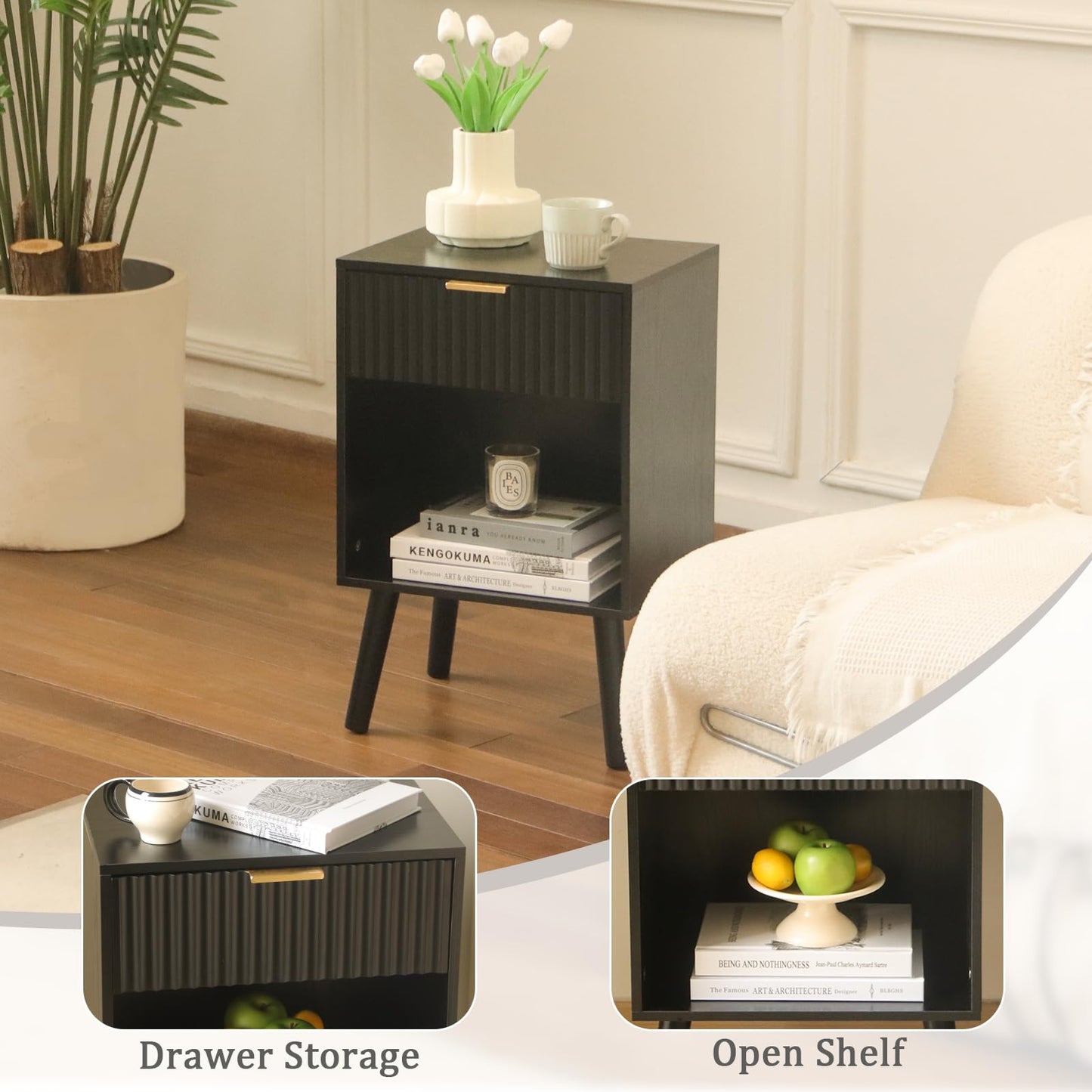Fultyle Black Fluted Nightstand, Modern Bedside Table with Drawer and Open Storage, End Side Table Living Room with Solid Wood Legs for Bedroom (Black)
