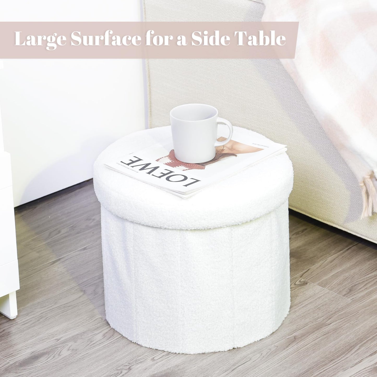 BoxedHome Dorm Room Storage - Round Cute Ottoman with Storage, Boucle Foot Stool Footrest for Lving Room, Support 220lbs, White 15"x 15" x12.6"