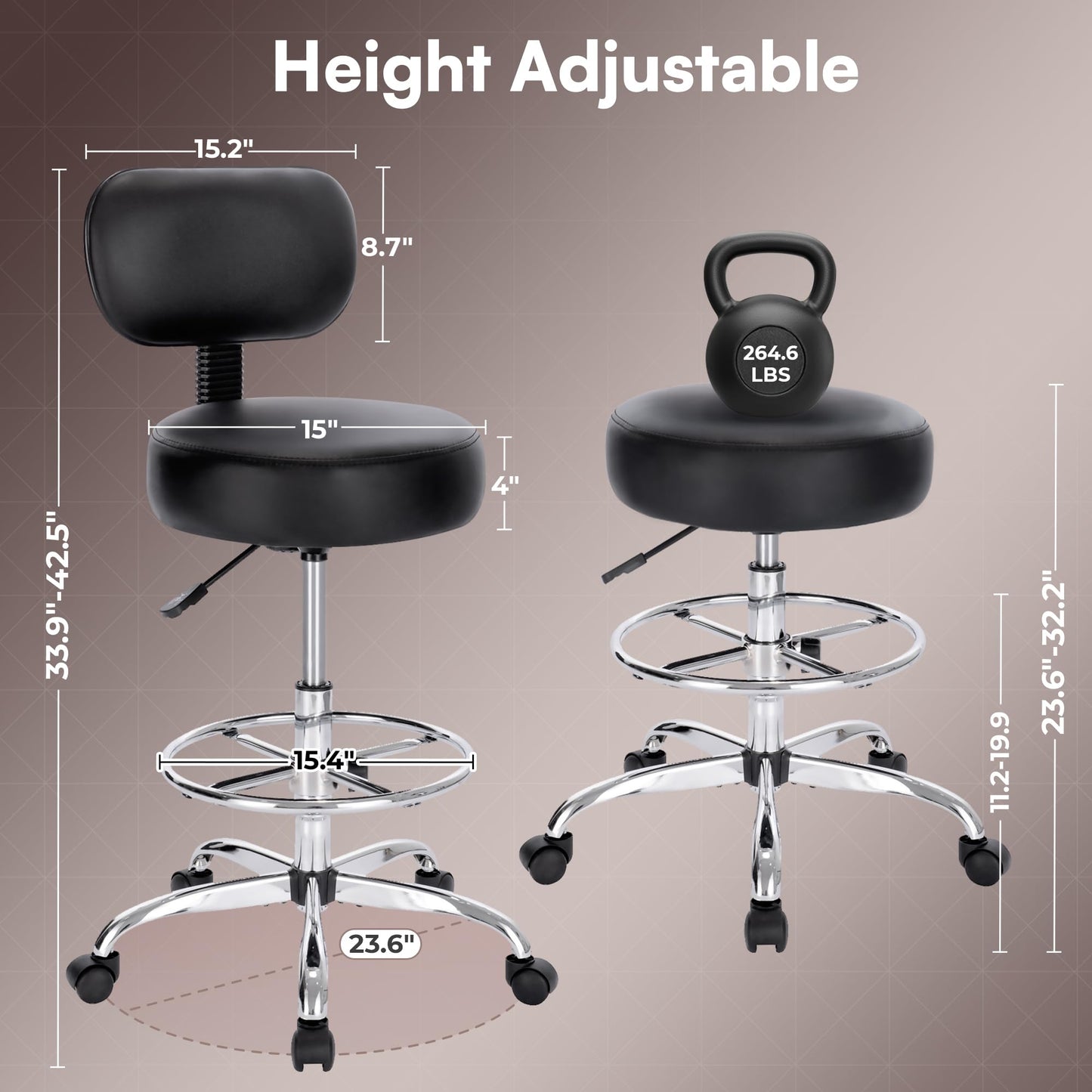 SUPERJARE Drafting Chair with Back, Adjustable Foot Rest Rolling Stool, Multi-Purpose Office Desk Chair, Thick Seat Cushion for Home Bar Kitchen Shop - Black