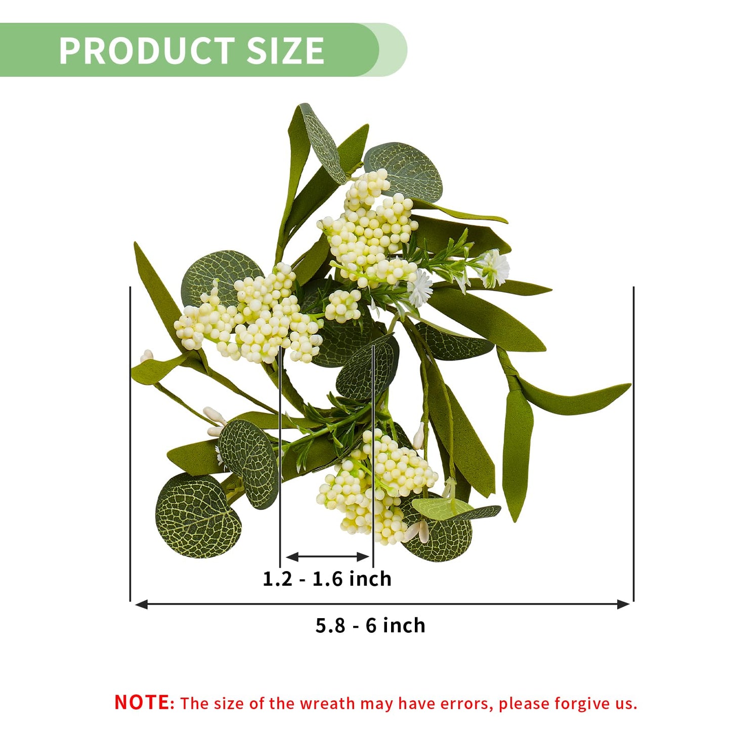 6 PCS Eucalyptus Mini Candle Rings Wreaths 1.38" Green Artificial Flower Berry Candle Holder Ring Spring Summer Flower Rings for Centerpieces Farmhouse Home Church Candlesticks Table Decor