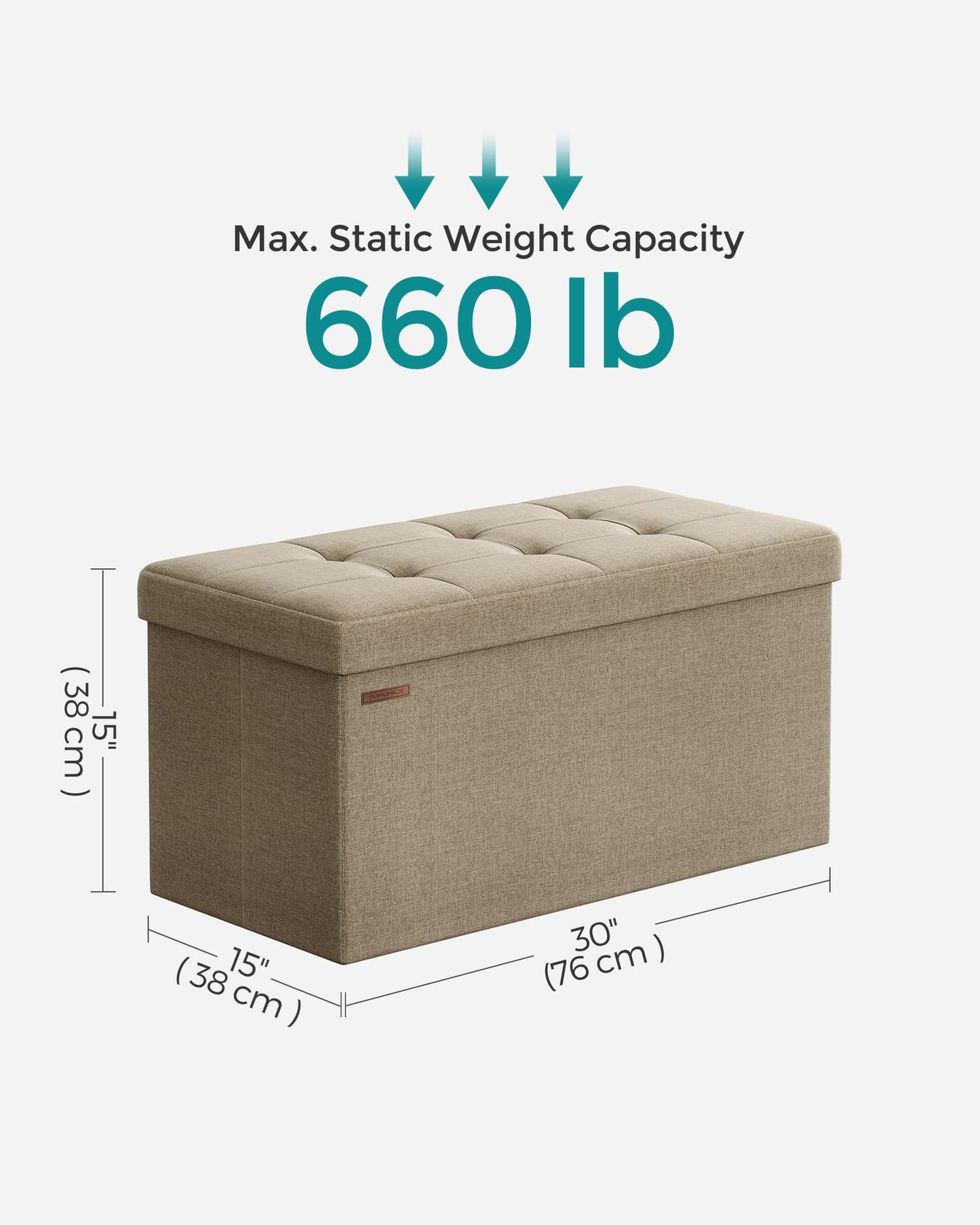 SONGMICS Mazie Collection - 30 Inches Folding Storage Ottoman Bench, Ottoman Foot Rest, End of Bed Bench, Storage Chest, Load 660 lb, for Living Room, Bedroom, Entryway, Camel Brown ULSF047R01