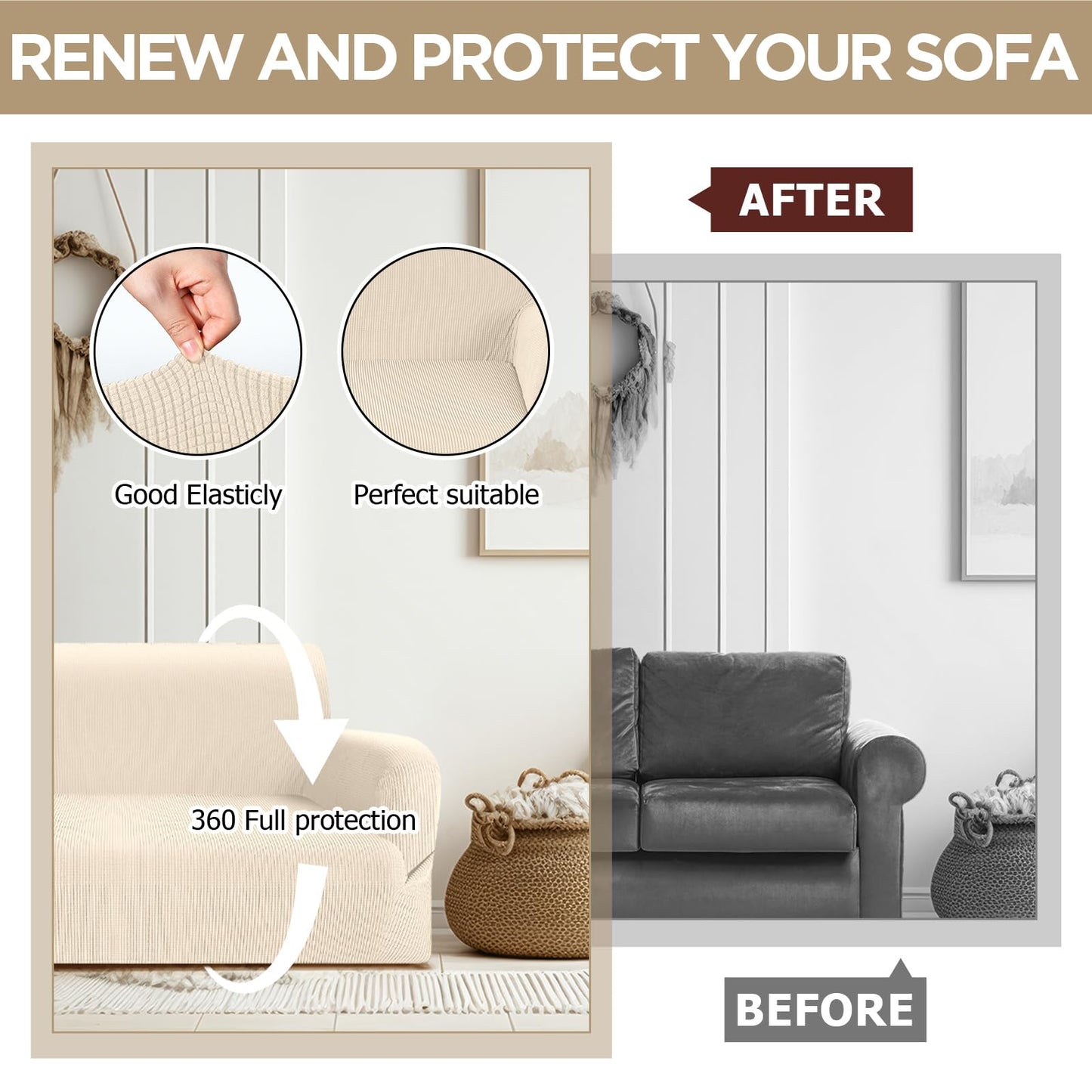 Peryiter 2 Pcs Sofa Covers Couch and Loveseat Covers Set Stretch Sofa Slipcover for Living Room Armchair Furniture Protector, Wrinkle Proof(Beige,Jacquard)