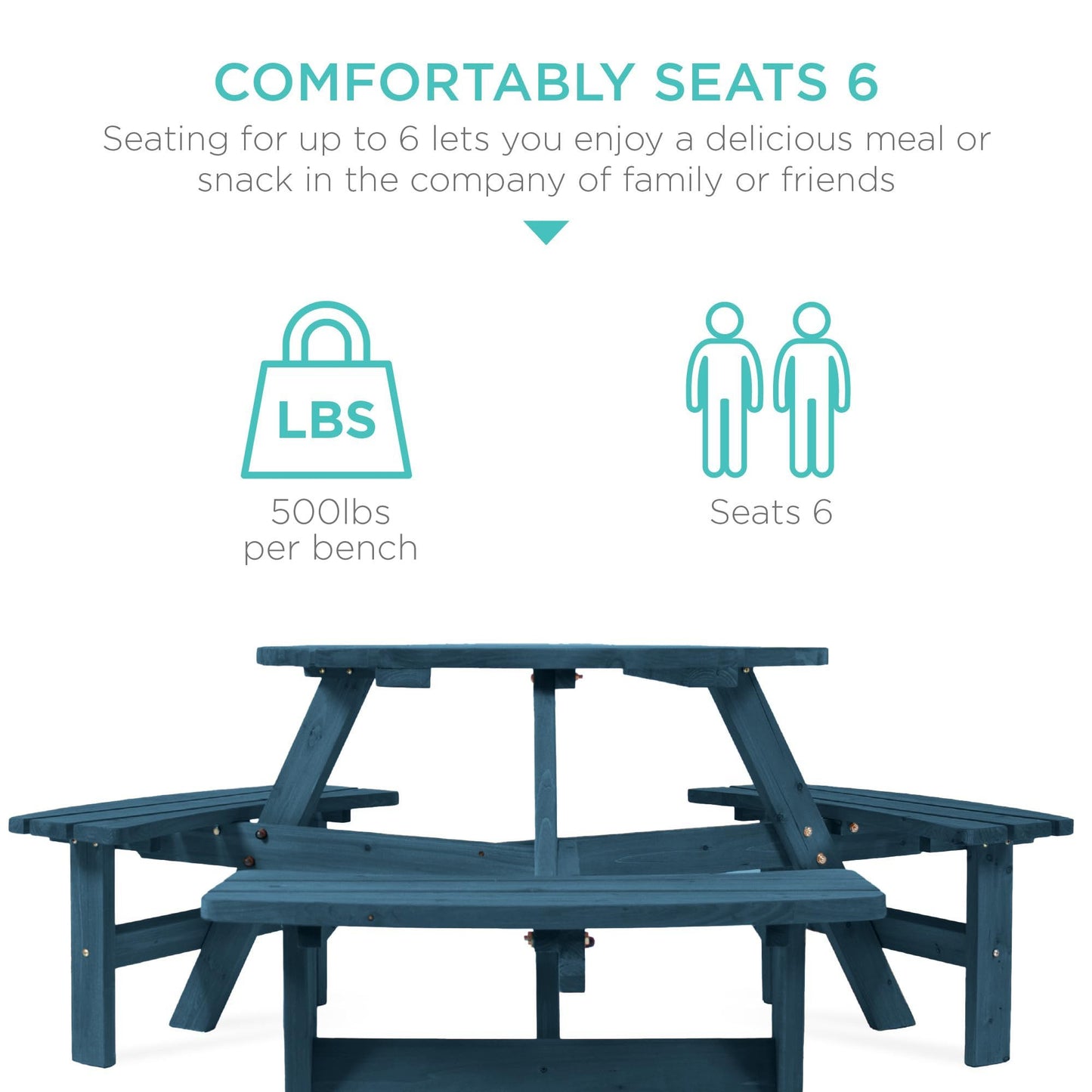 Best Choice Products 6-Person Circular Outdoor Wooden Picnic Table for Patio, Backyard, Garden, DIY w/ 3 Built-in Benches, 500lb Capacity - Harbor Blue