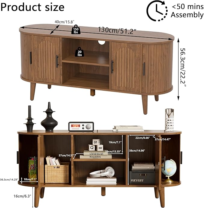 Mxtxmy 51" Fluted TV Stand, Mid-Century Modern Entertainment Center