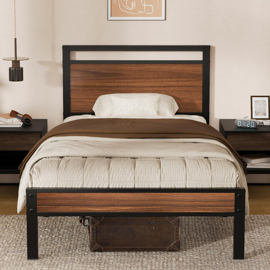 Z-hom Twin Metal Bed Frame with Wooden Headboard and Footboard, Heavy Duty Platform Frame with Mrtal Slats, No Box Spring Needed, Quiet and Non-Slip Design, Saving Space for Small Bedroom,Walnut