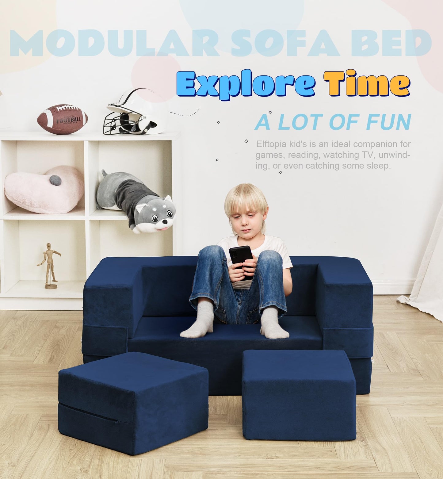 Elftopia Modular Kids Sofa,Toddler Couch Foam Armchair for Kids, Children Convertible Plush Sofa Play Set,Fold Out SofaBed(Navy)