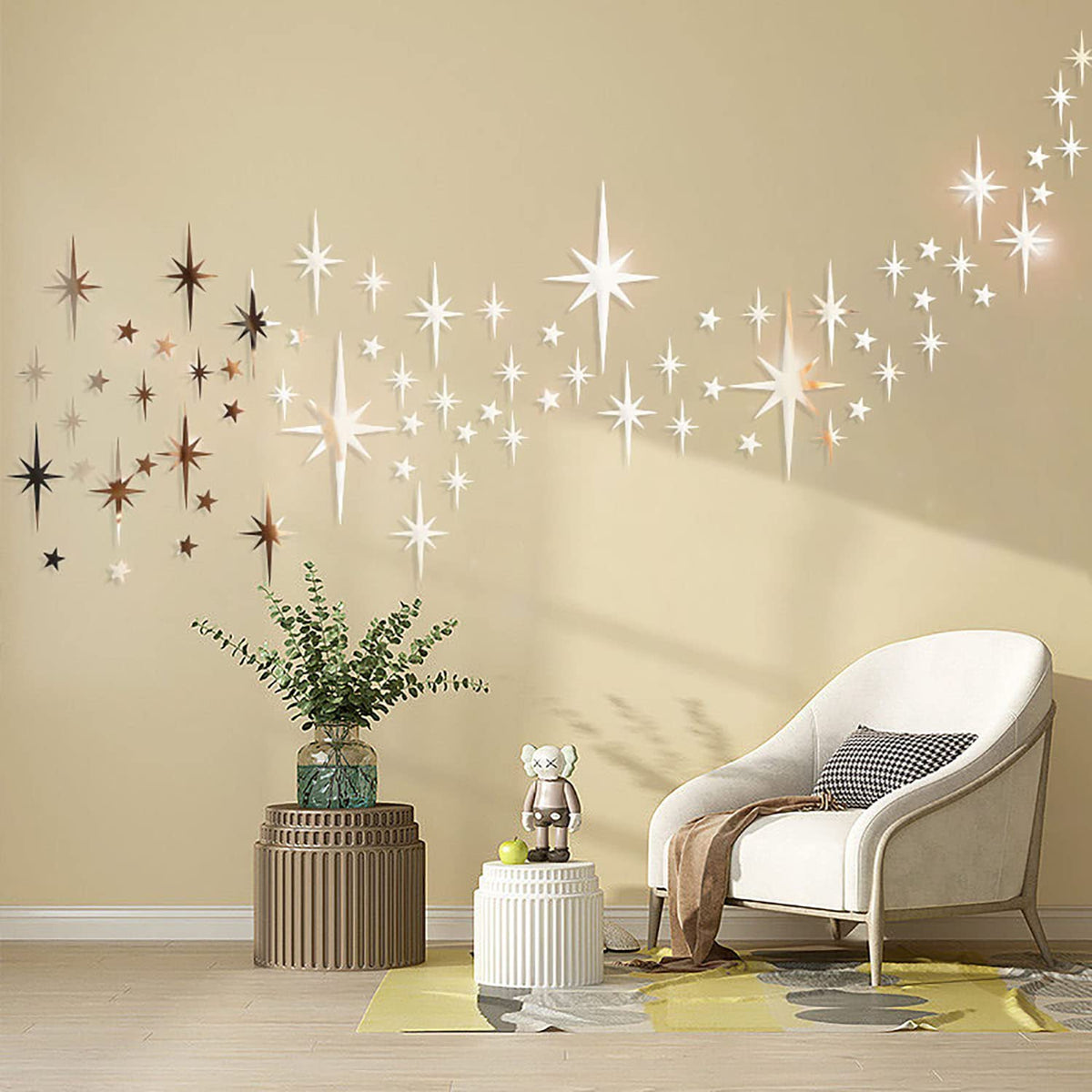 Easma Mirror Wall Stickers Gold Star Wall Decal Peel and Stick 3D Acrylic Decals Removable Stars Adhesive Mirror Starburst Art Decor Sticker for Home Living Room Bedroom Decoration