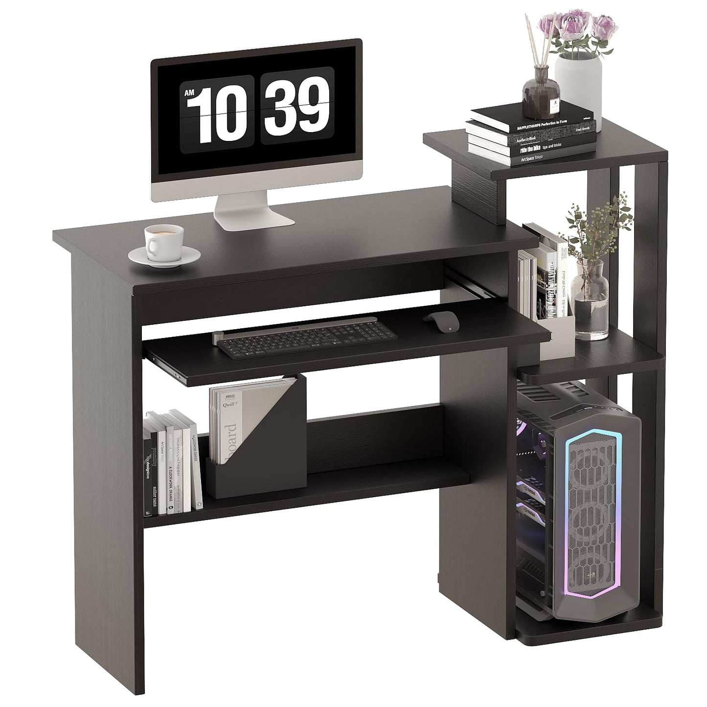 ALISENED Computer Desk with Storage Shelves, Home Office Desk with Monitor Stand, Small Writing Desk Table with Keyboard Tray,Study Table with CPU Stand for Small Spaces (35"-Black)
