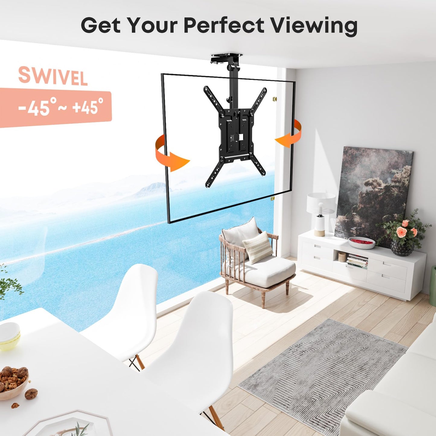 PUTORSEN Flip Down TV Mount, Manual Folding Ceiling TV Mount for Most 23'' to 55'' TVs, Height Adjustable Drop Down TV Mount for Flat & Pitched Roof, Swivel, Max Load 44lbs, Max VESA 400x400, Black