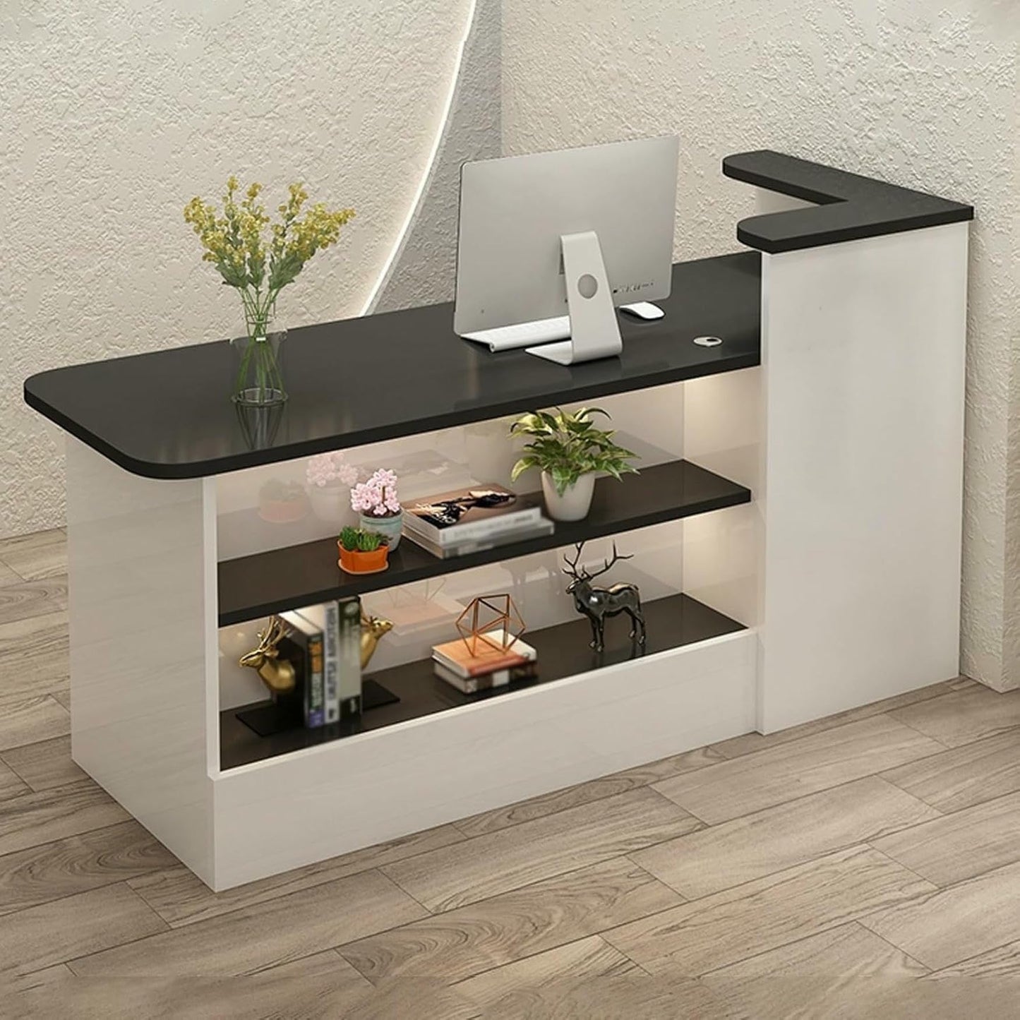 Reception Desk, Retail Checkout Counter, Front Desk Reception Counter, Wooden Checkout Office Desk with Lockable Drawer and LED Light, for Salon Reception Room Store Hotel(White+Beige L,100cm/3