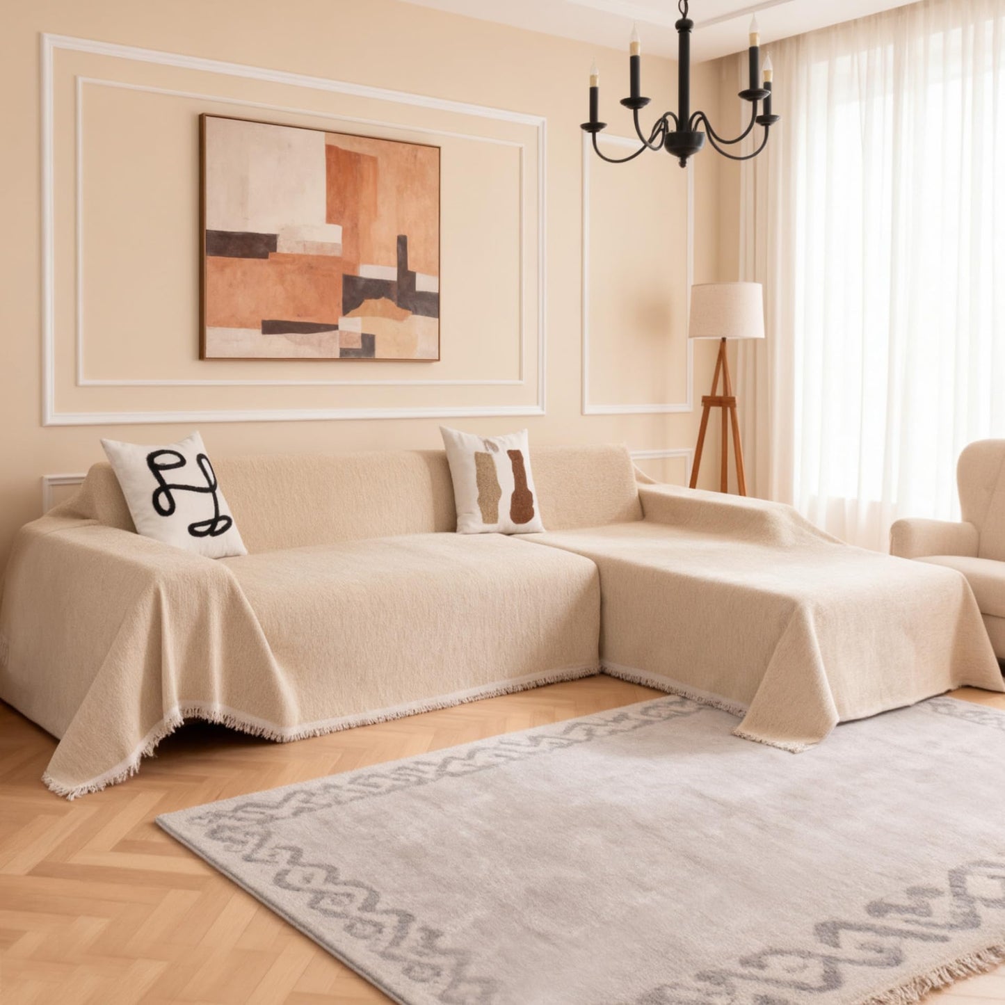 MYSKY HOME L-Shaped Sectional Couch Covers, L Shaped Couch Cover, 2 Pieces Washable Sofa Slipcovers Pet Furniture Protector, Sofa Covers Blanket for 3-4 Cushion Couch (71"x118"+91"x134", Khaki)