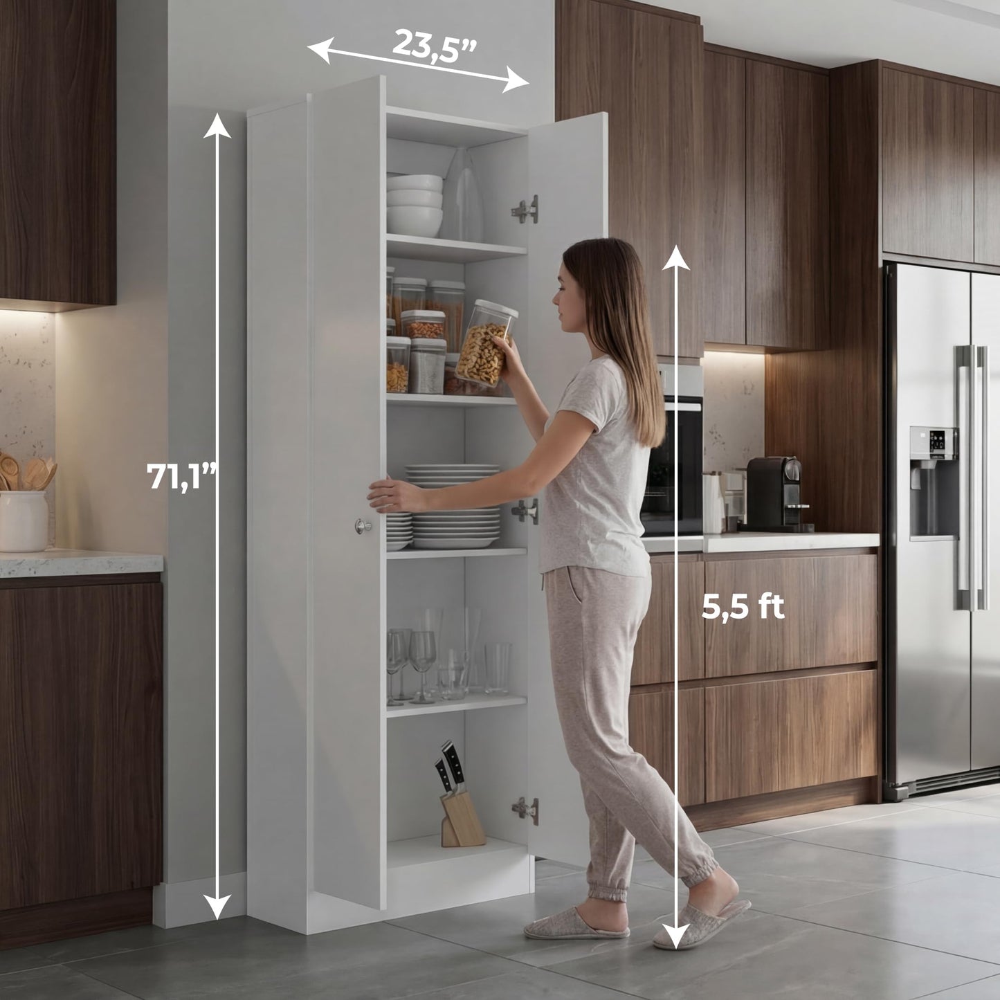 Tuhome Lambardi Tall Pantry Cabinet, 71.1" Freestanding Kitchen Pantry Storage Cabinet with 2 Doors and 4 Adjustable Shelves, Engineered Wood Pantry Organizers and Storage, Slim 11.8" Depth
