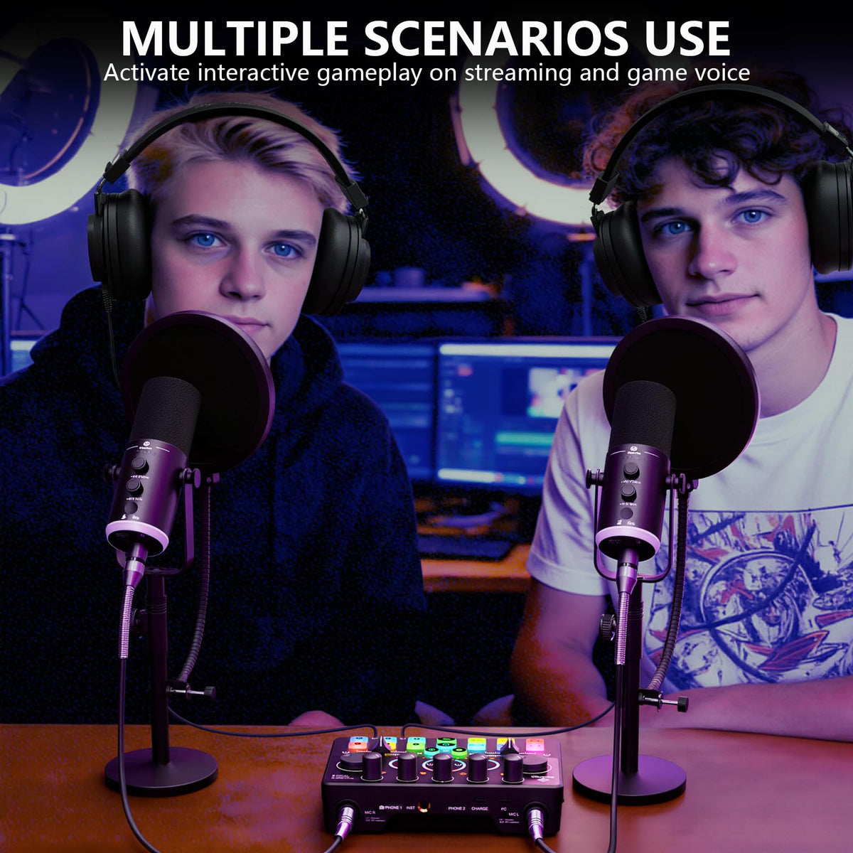 Podcast Equipment Bundle for 2, Dynamic XLR/USB Gaming Microphone & Streaming Audio Mixer with RGB Lights, Perfect for Podcast, Recording, Video Vocal, PC