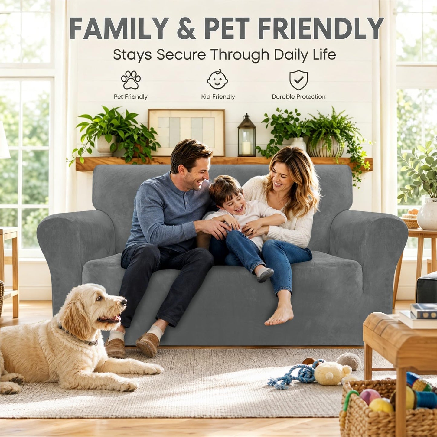 YEMYHOM Real Velvet Couch Covers for 2 Cushion Couch High Stretch 1 Piece Loveseat Slipcover for Pets Dogs Anti Slip Love Seat Sofa Slipcover Furniture Protector (55"-69", Gray)