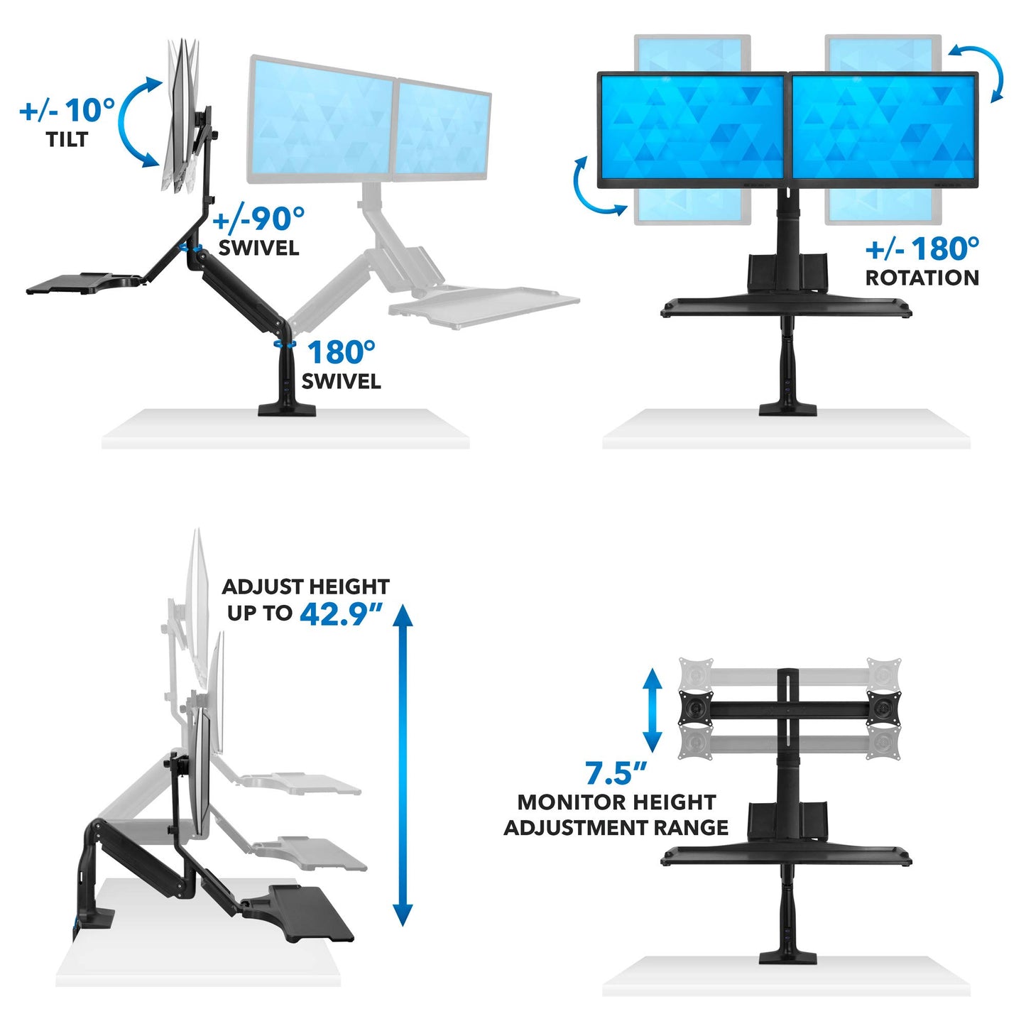 Mount-It! Dual Monitor Arm Desk Mount Sit-Stand Workstation with 2 USB 3.0 Ports, Height Adjustable 23.1–42.9”, Fits Two 17–27” Screens, 13.2 lbs Each, VESA 75x75 100x100, Clamp or Grommet