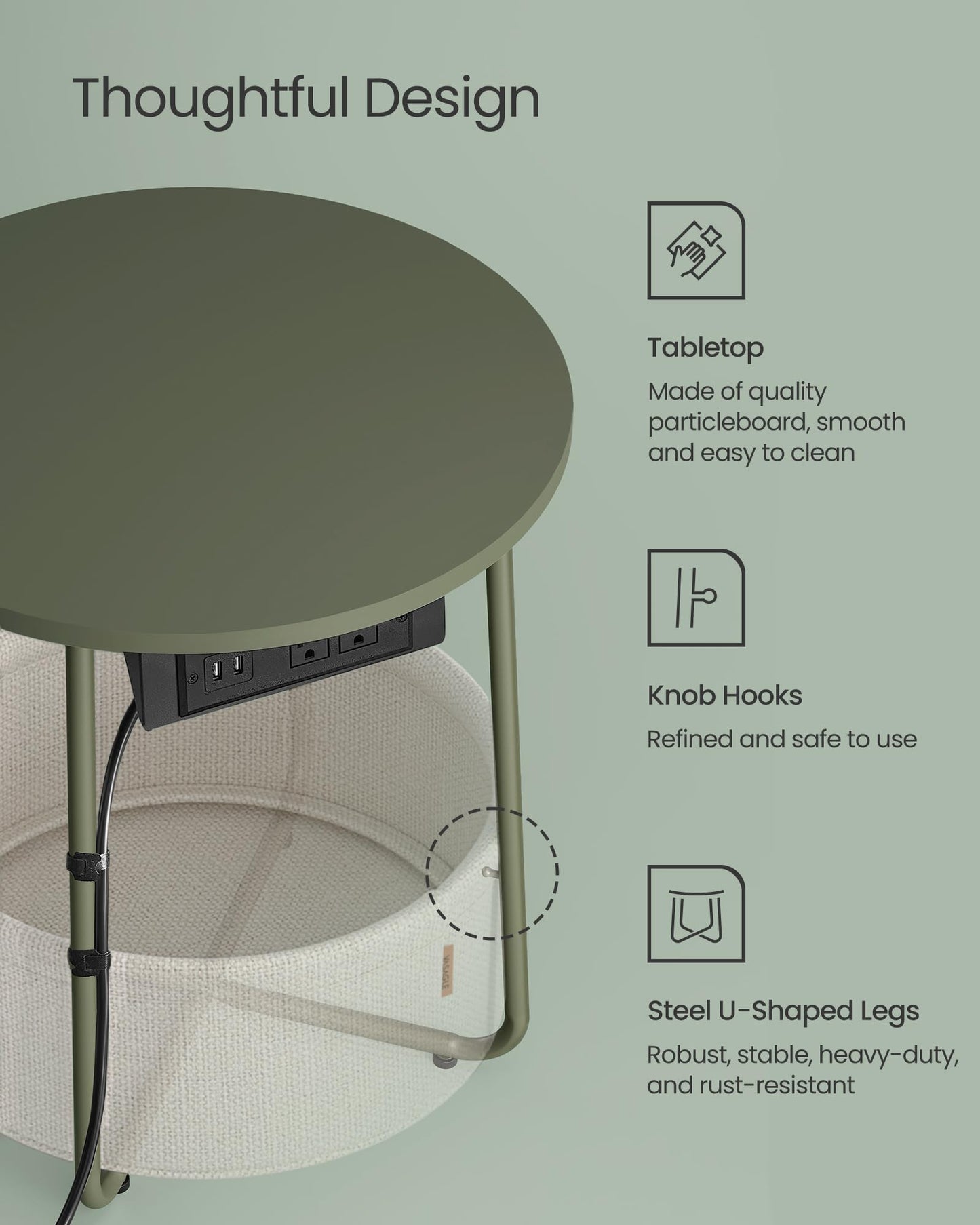 VASAGLE LILEA Collection - Side Table with Charging Station, Round End Table with Fabric Basket, Nightstand with USB Ports, for Living Room, Bedroom, Modern, Forest Green and Cream White ULET228C04